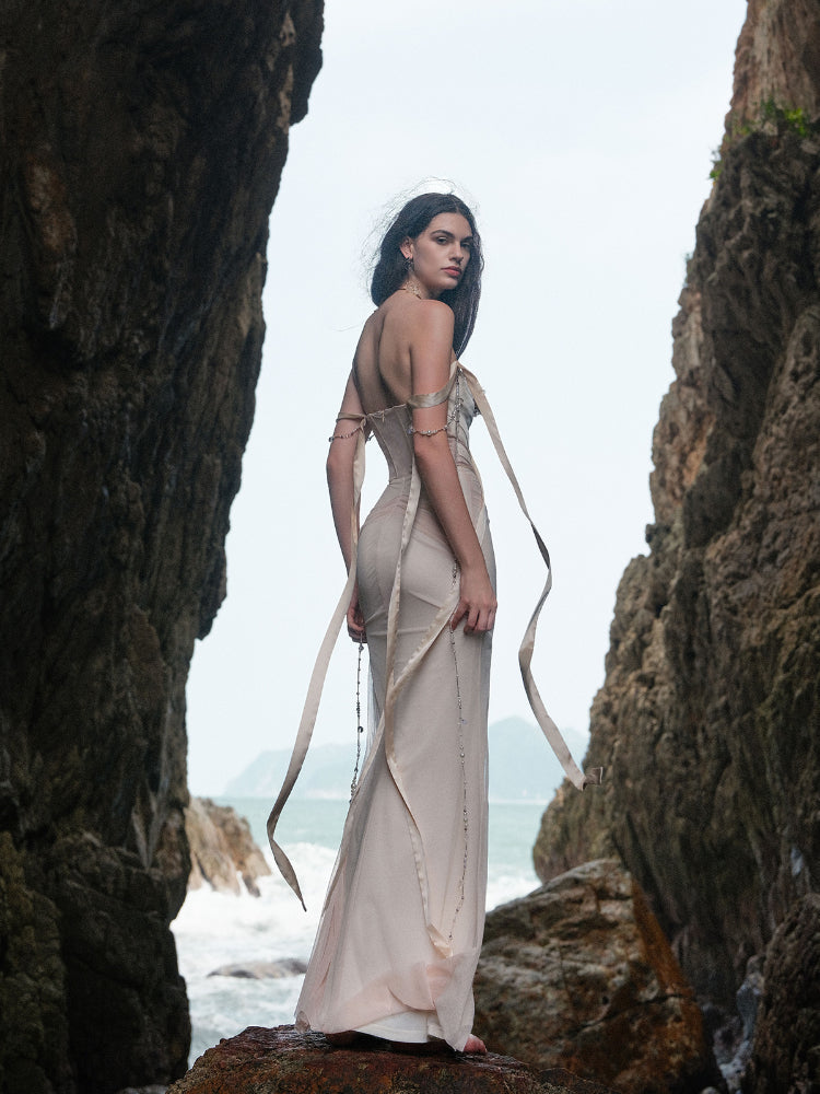 Sheer Luck Pearl Strap Mermaid Dress