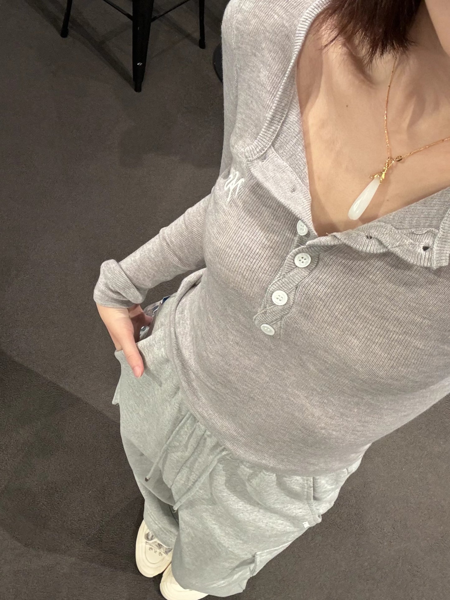 NAWS GRAY TWISTED HENLEY COLLAR KNITWEAR TOP