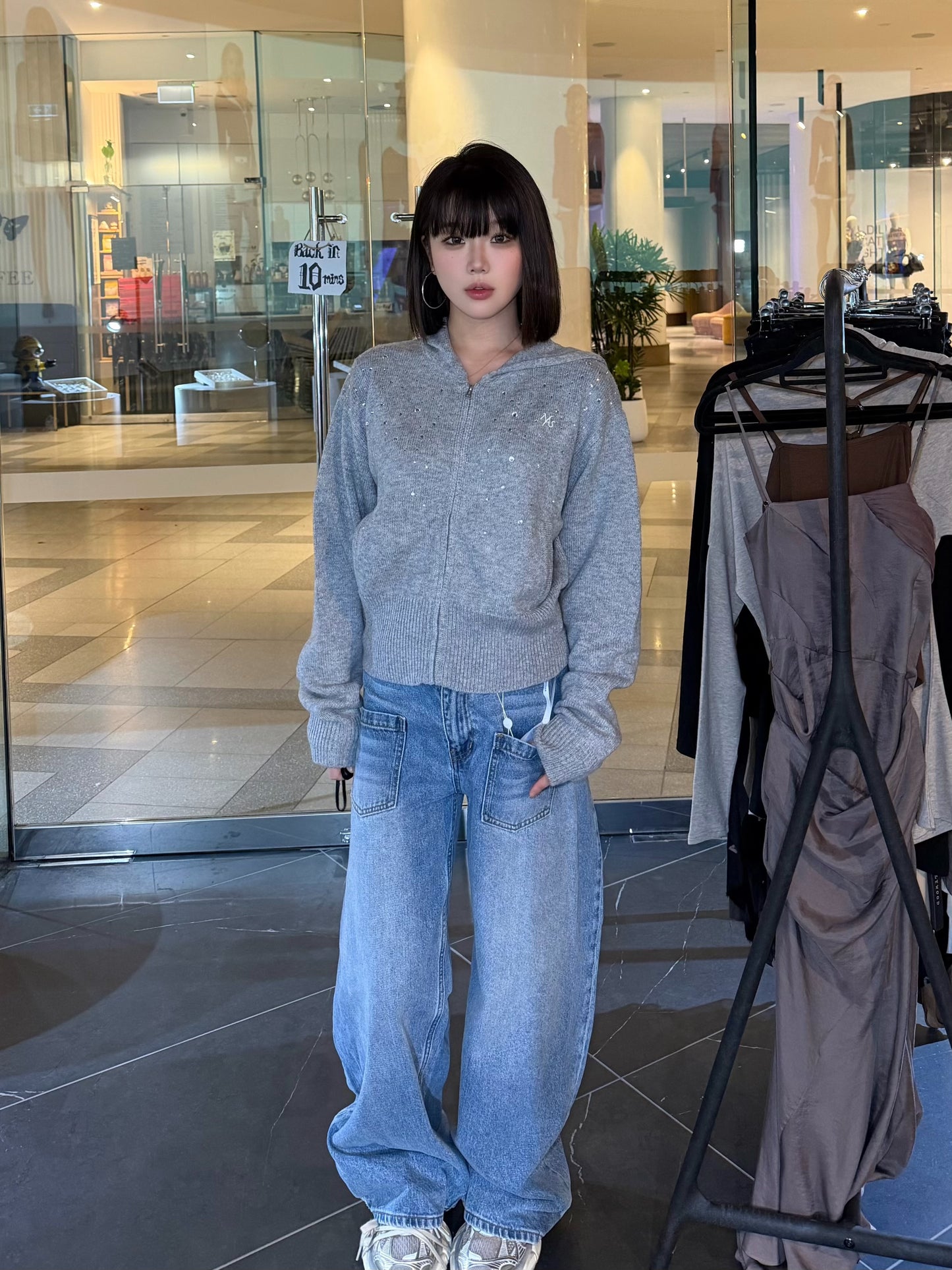NAWS MIST GRAY GLITTER HOODED KNITWEAR