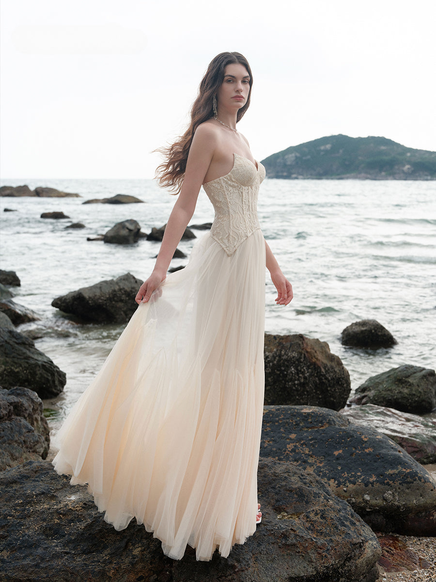 Sheer luck Heavy Lace Corset Mesh Maxi Dress-apricot