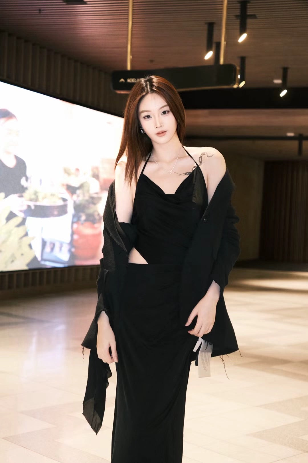 ELYWOOD BLACK CUPRO HALTER KNIT SLIT DRESS