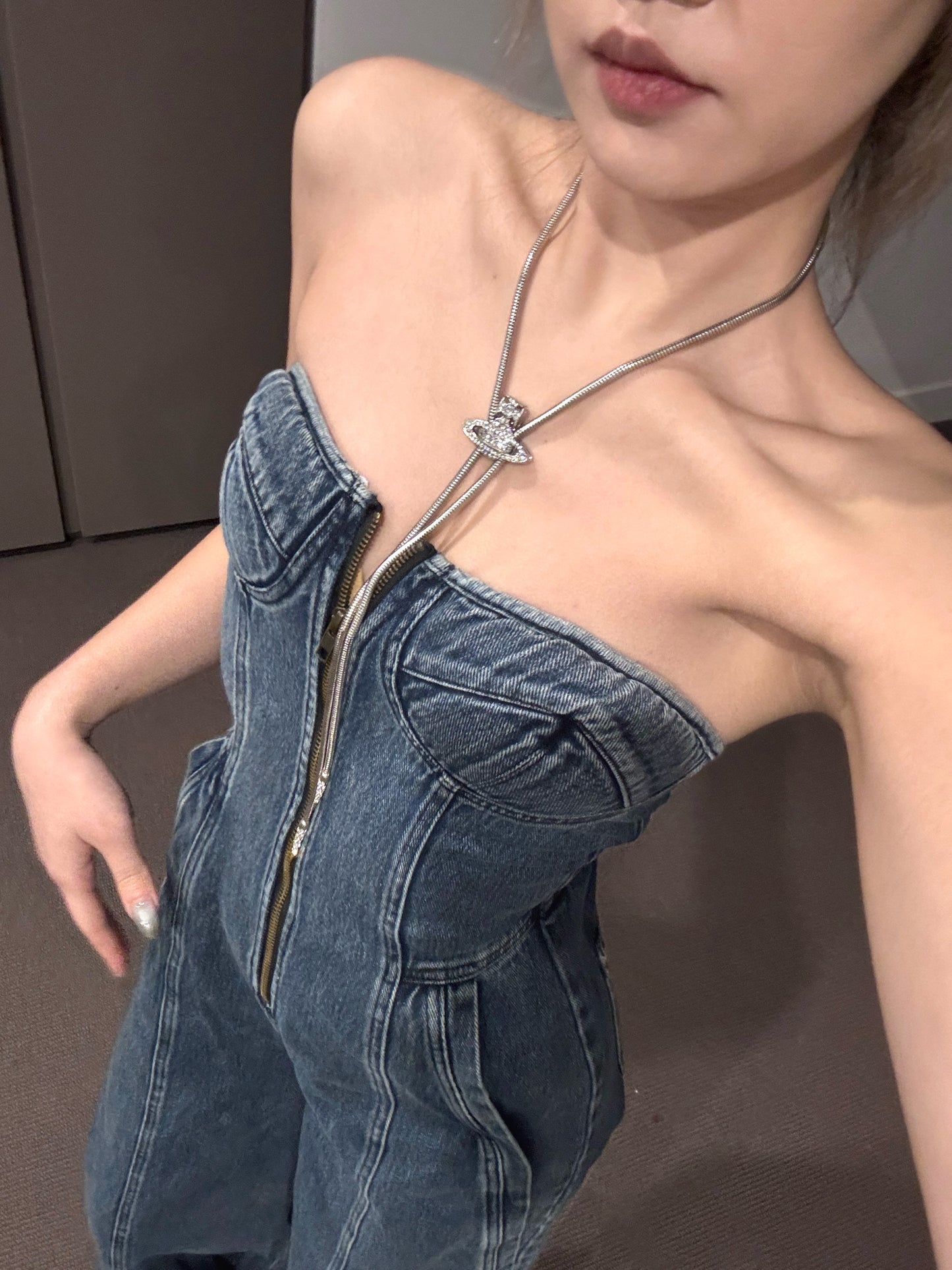 YJ1 STRAPLESS DENIM JUMPSUIT