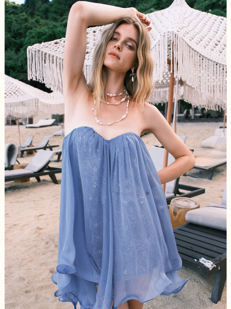 Sheer Luck Thiri Chiffon Tube Top Dress in Blue