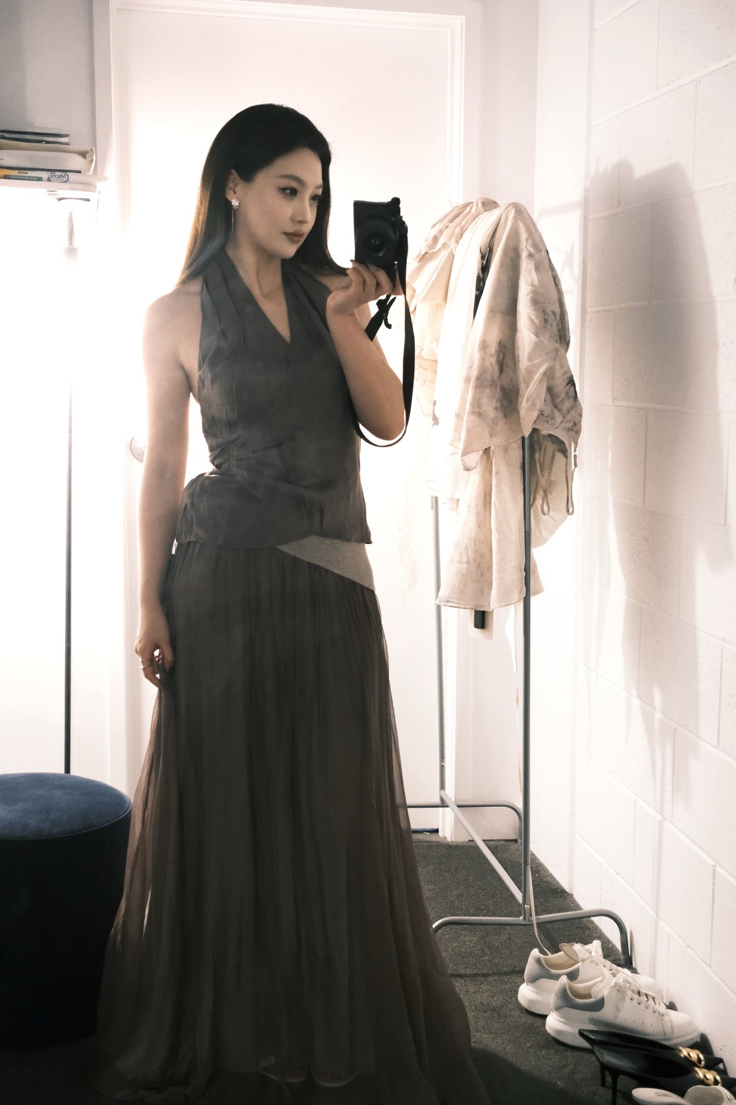 Elywood GRAY-PURPLE SILK FLARED MIDI SKIRT