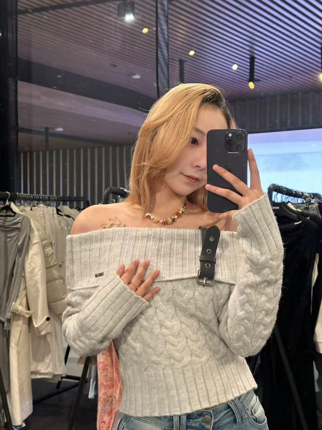 NAWS LOVE OF A SUDDEN OFF SHOULDER BELT SWEATER