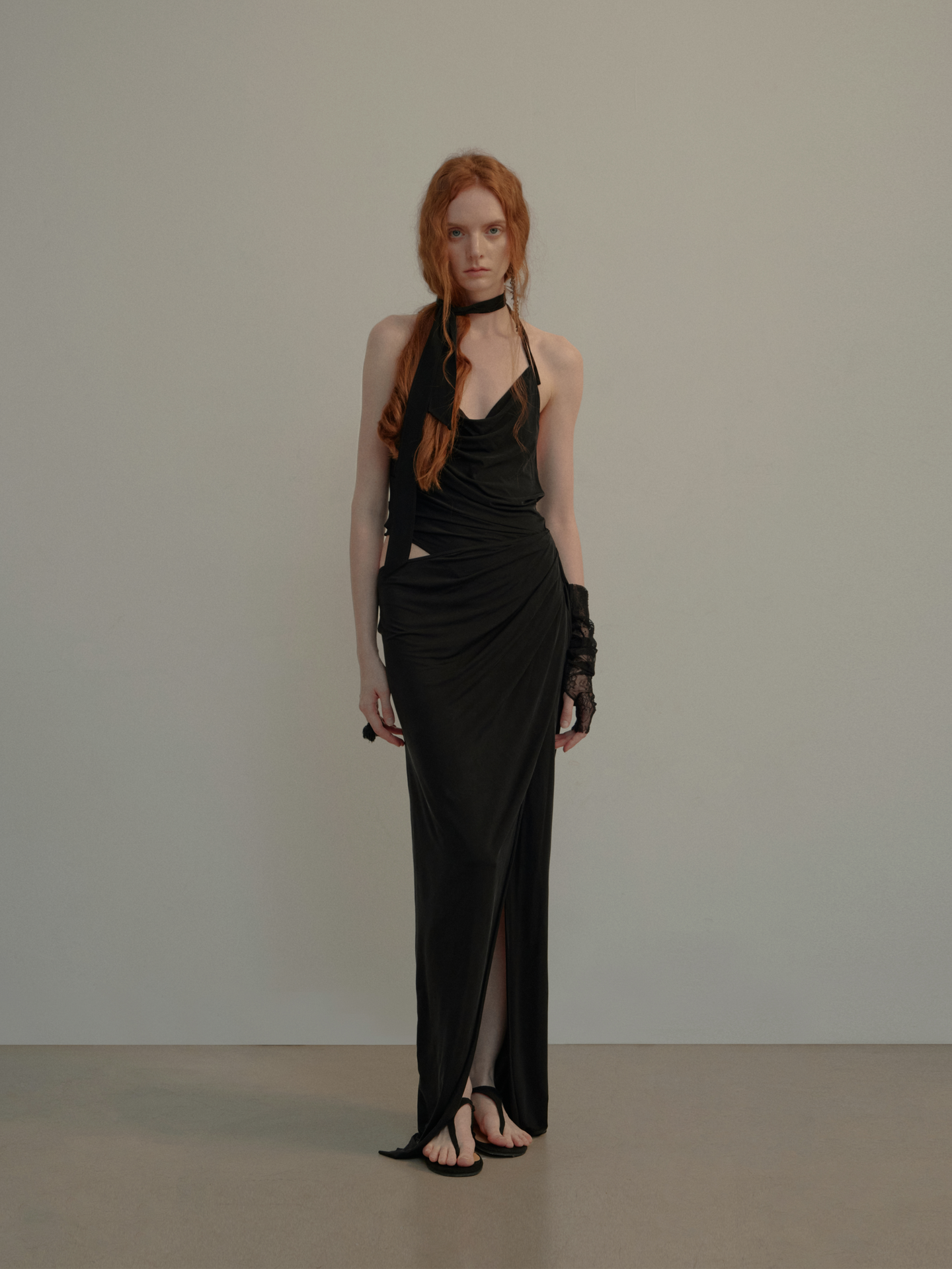 ELYWOOD BLACK CUPRO HALTER KNIT SLIT DRESS