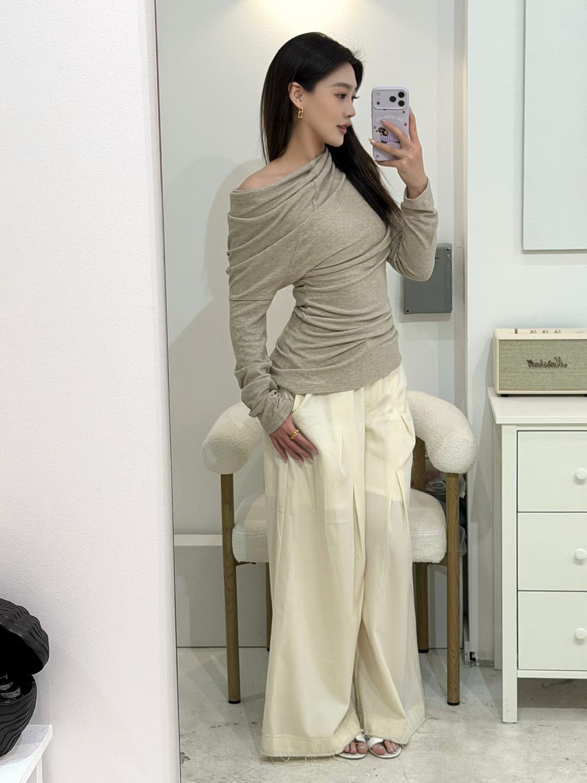 ELYWOOD BEIGE ASYMMETRIC OFF-SHOULDER TOP