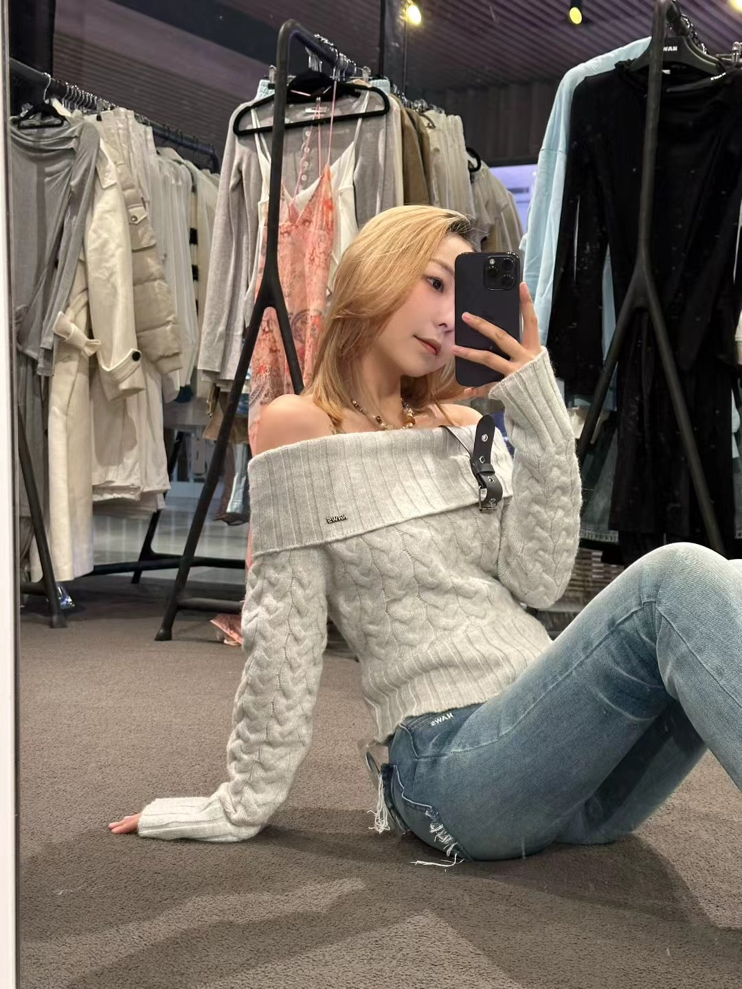 NAWS LOVE OF A SUDDEN OFF SHOULDER BELT SWEATER