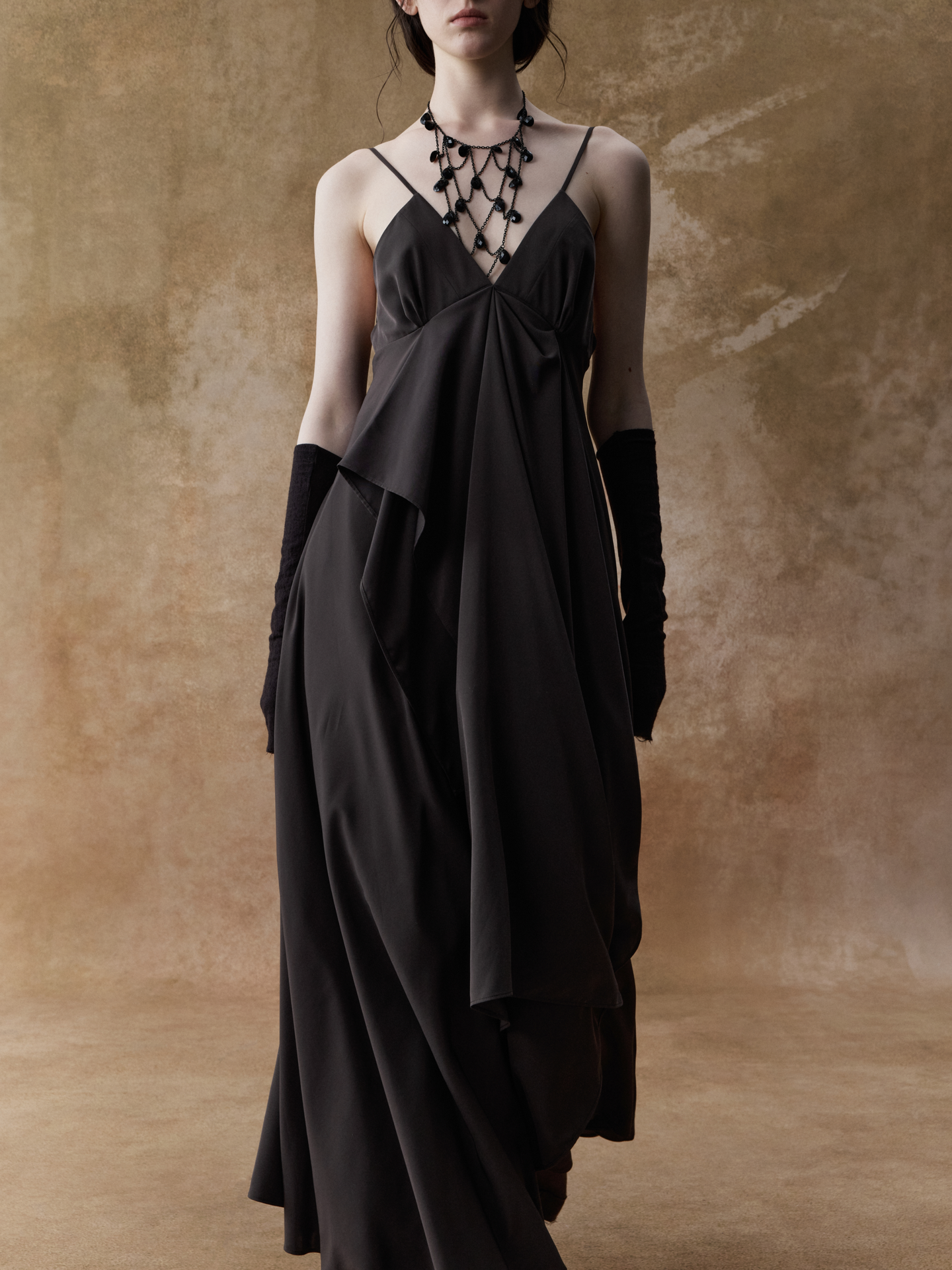 ELYWOOD CHOCOLATE DRAPED DOUBLE-LAYER STRAP DRESS