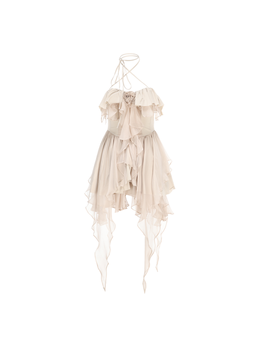ELYWOOD BEIGE FLORAL HALTER SHORT DRESS