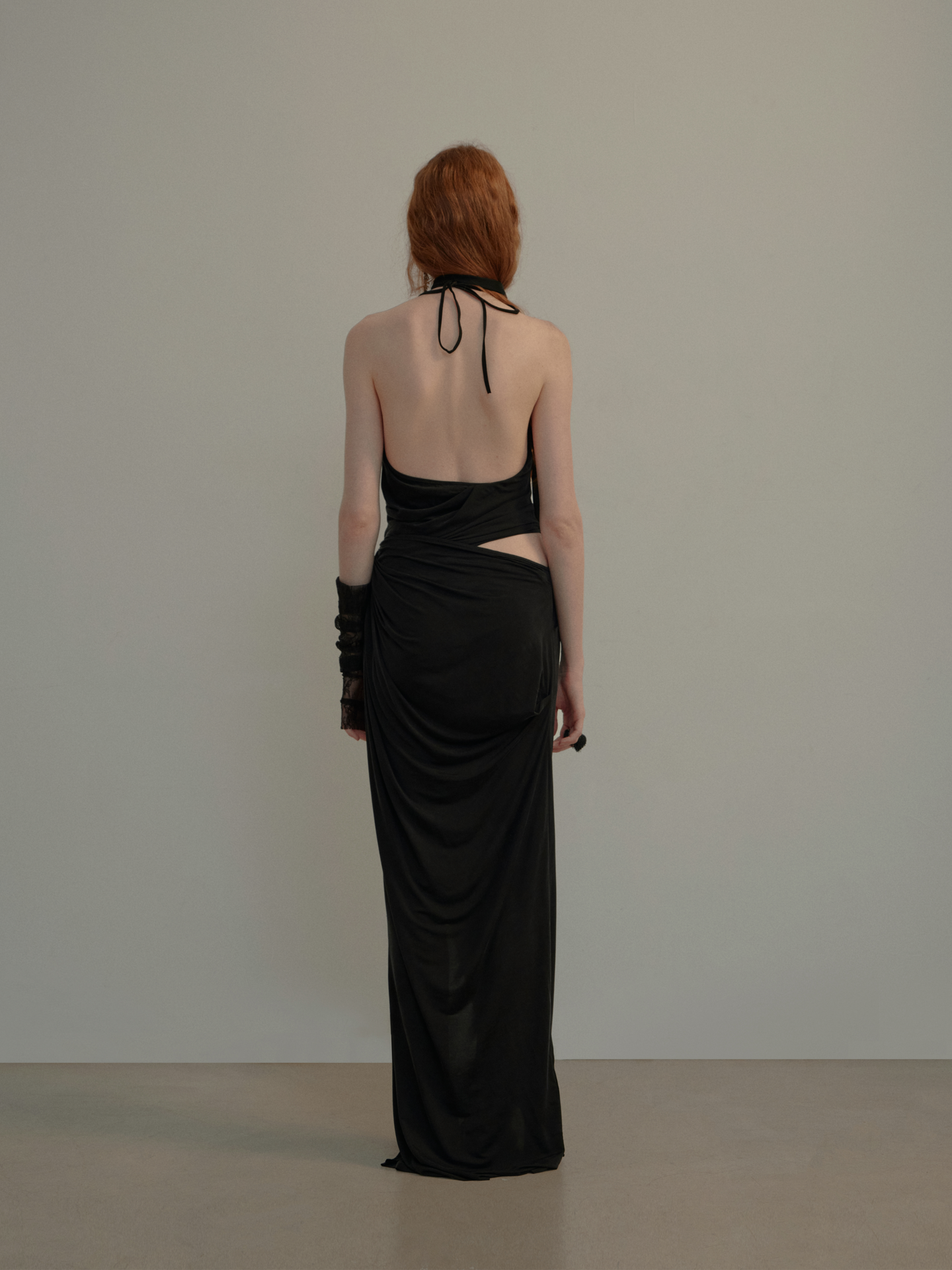 ELYWOOD BLACK CUPRO HALTER KNIT SLIT DRESS