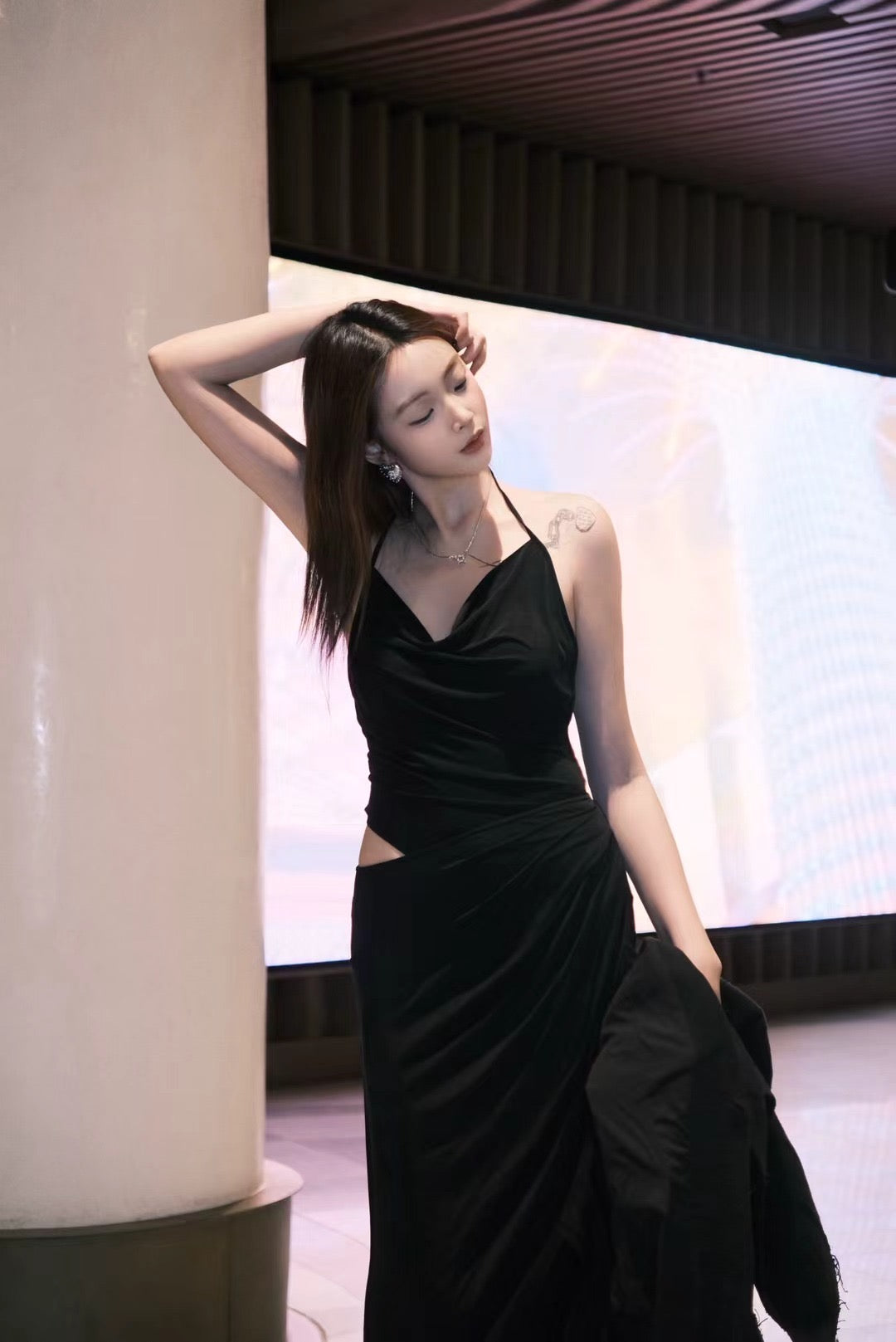 ELYWOOD BLACK CUPRO HALTER KNIT SLIT DRESS