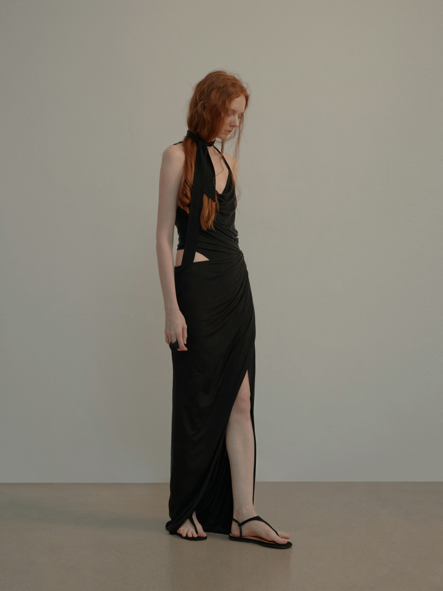 ELYWOOD BLACK CUPRO HALTER KNIT SLIT DRESS