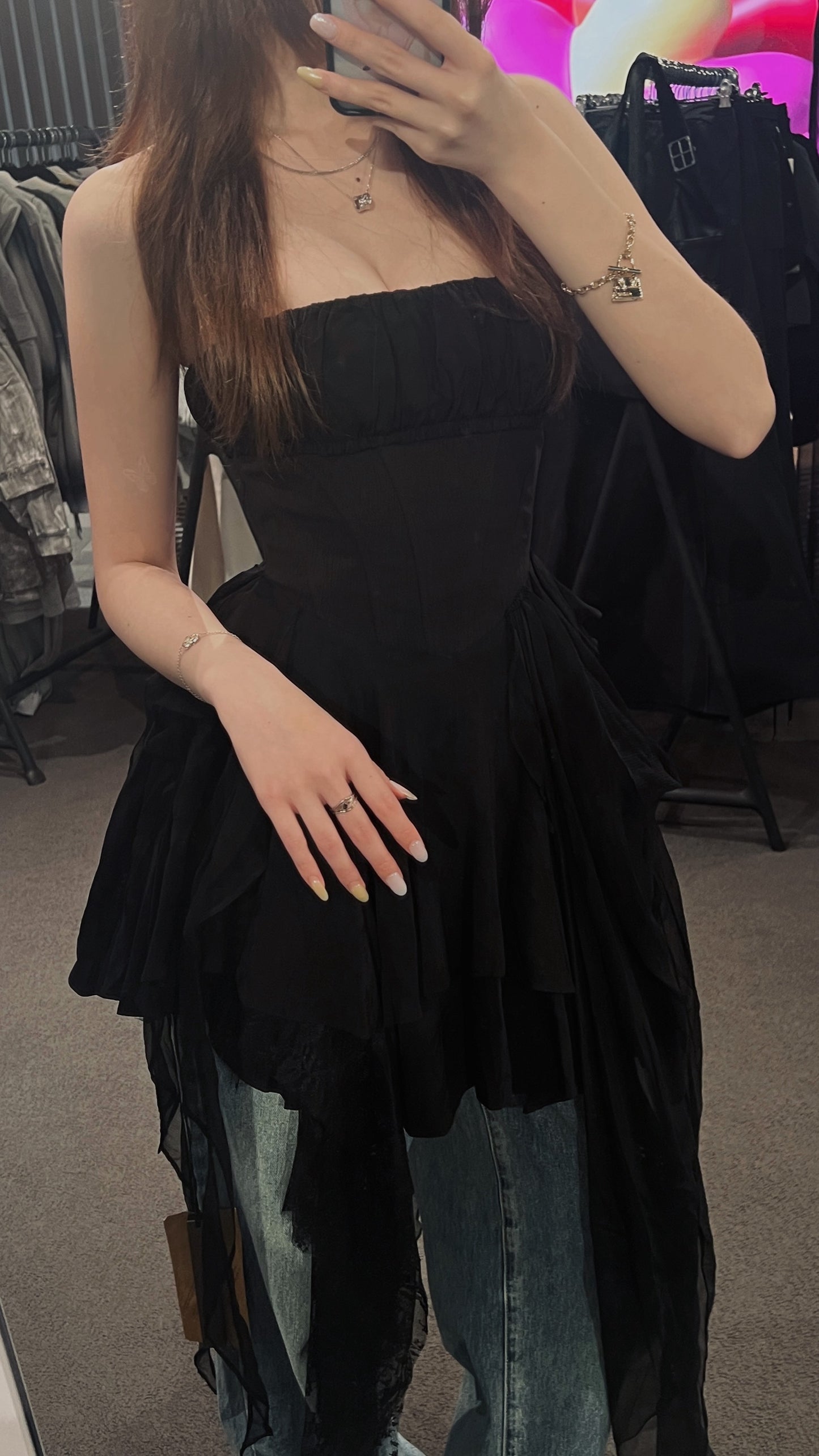 BLACK FOLD PLEATED STRAPLESS SHORT DRESS