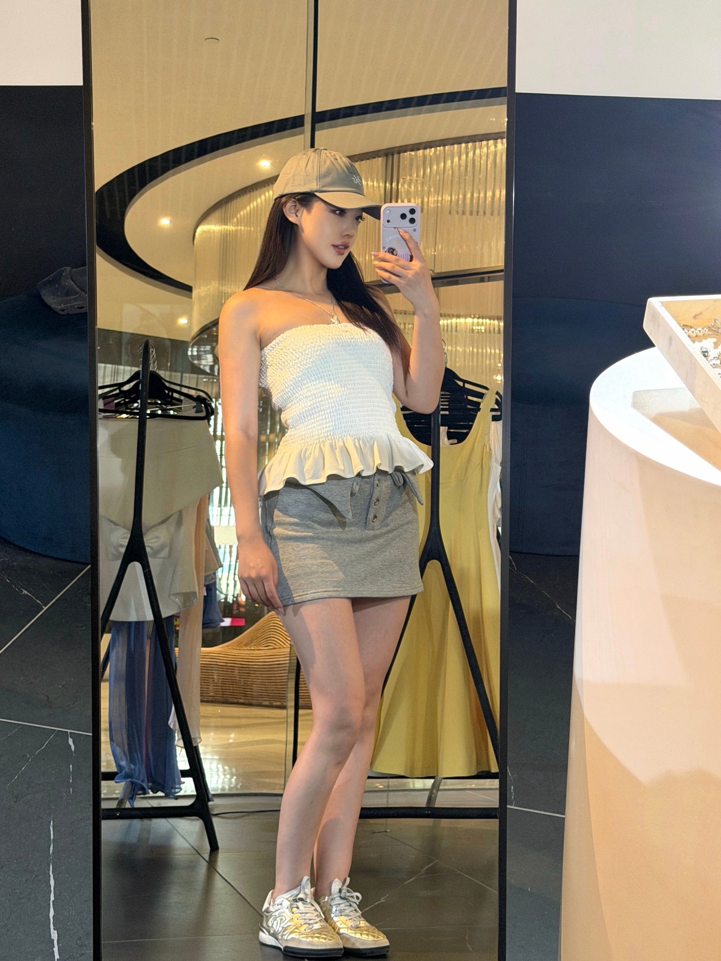 YJ1 FOLD-OVER WAIST BUTTON MINI SKIRT IN GRAY