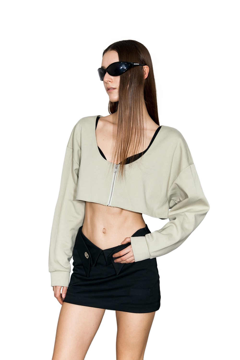 YJ1 SCOOP-NECK CROPPED JACKET IN GRAYISH GREEN