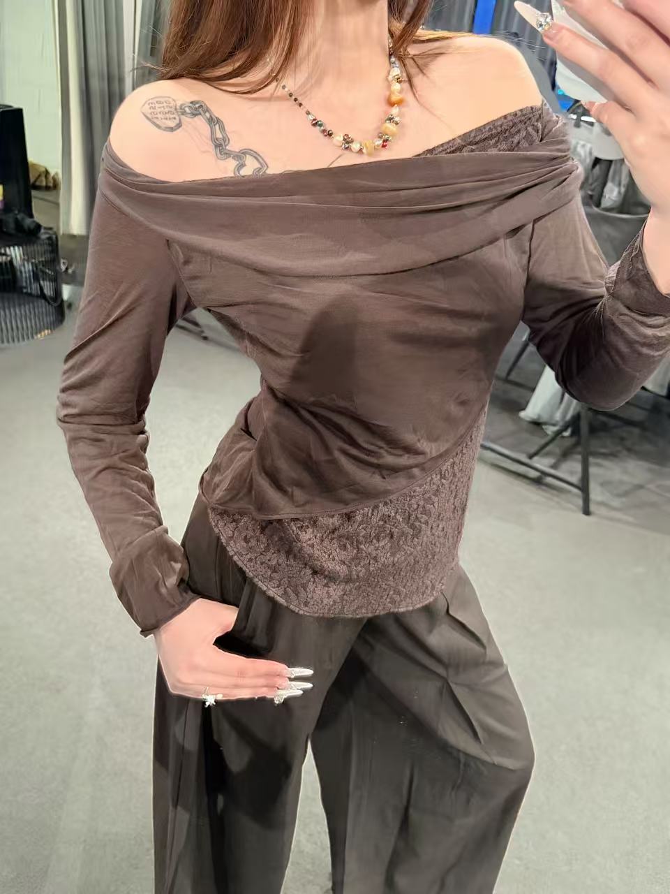 ELYWOOD DARK BROWN KNIT LACE DRAPED NECK TOP