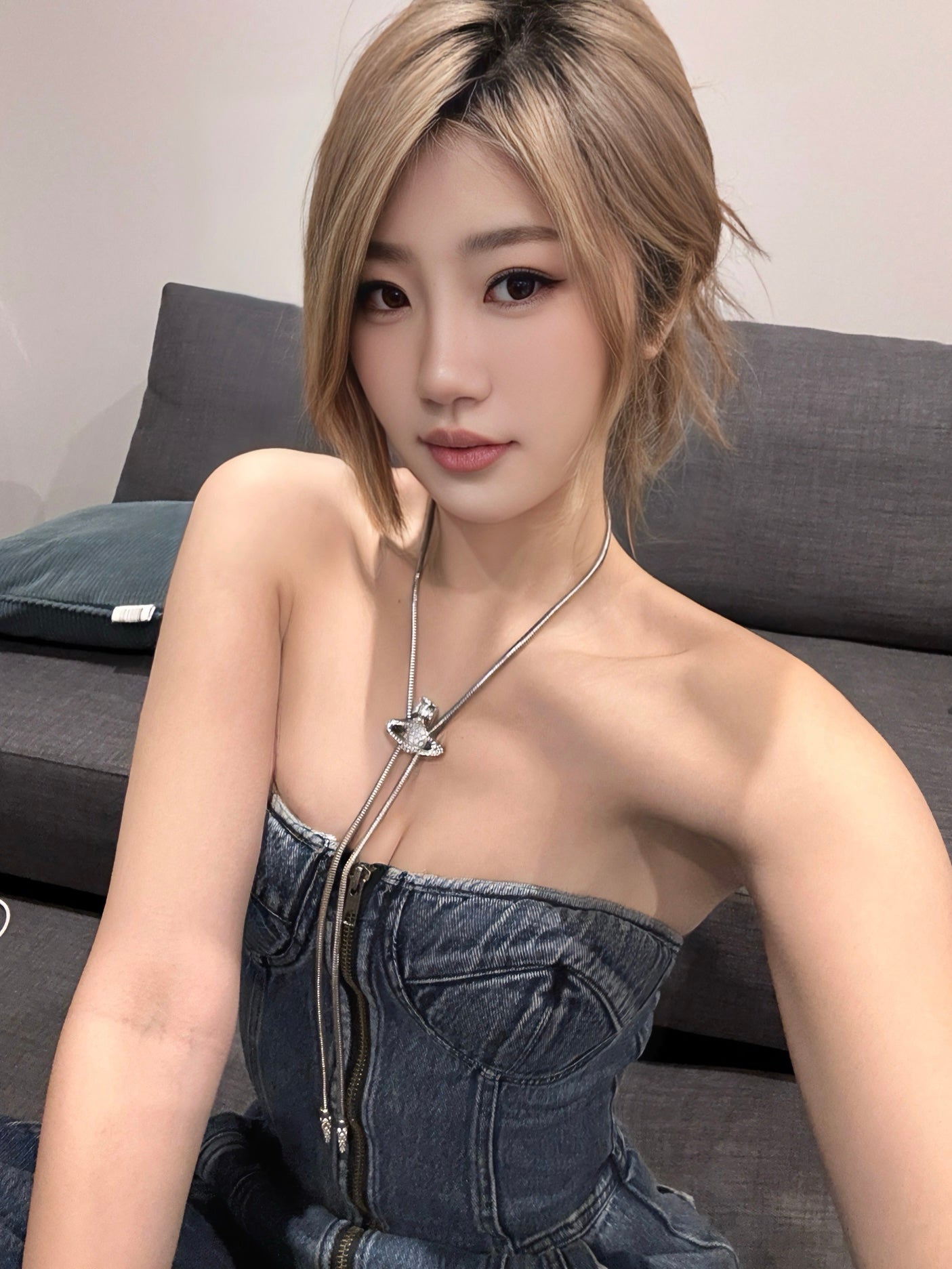 YJ1 STRAPLESS DENIM JUMPSUIT