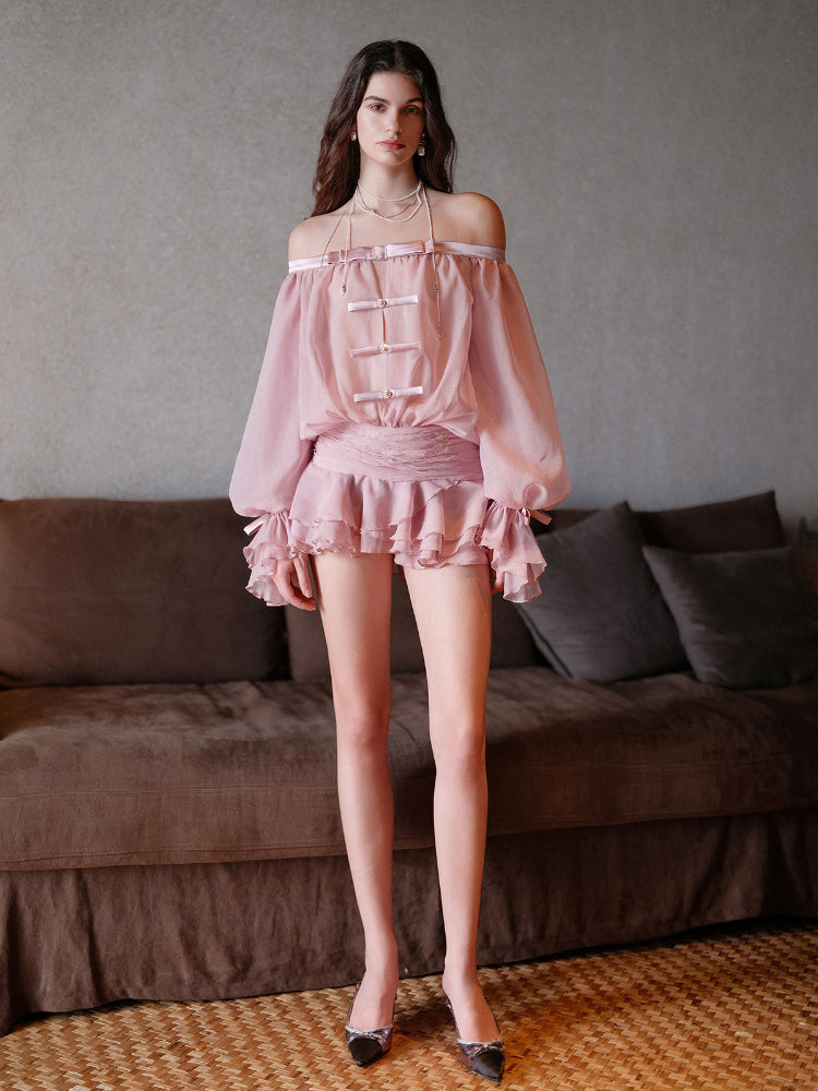 Sheer luck Off-shoulder Bubble Sleeve Puff Dress