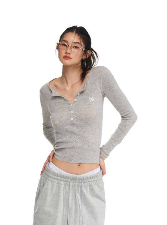 NAWS GRAY TWISTED HENLEY COLLAR KNITWEAR TOP
