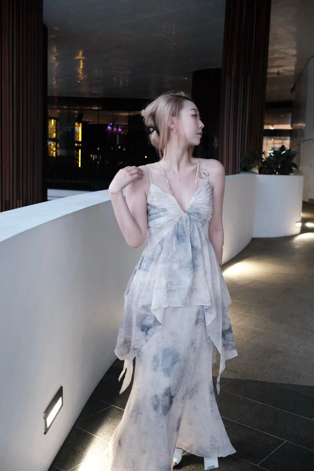 Elywood INK-PRINT RUCHED SLIP DRESS