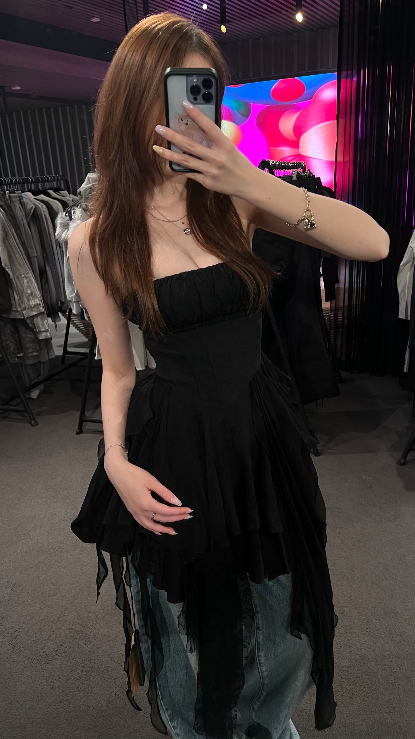 BLACK FOLD PLEATED STRAPLESS SHORT DRESS