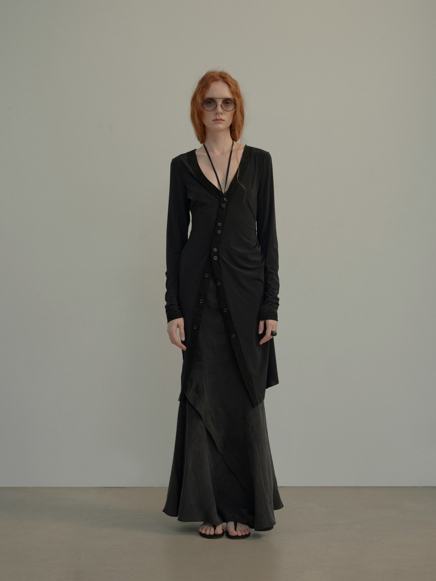 ELYWOOD BLACK SLIM-FIT DRAWSTRING LONG CARDIGAN