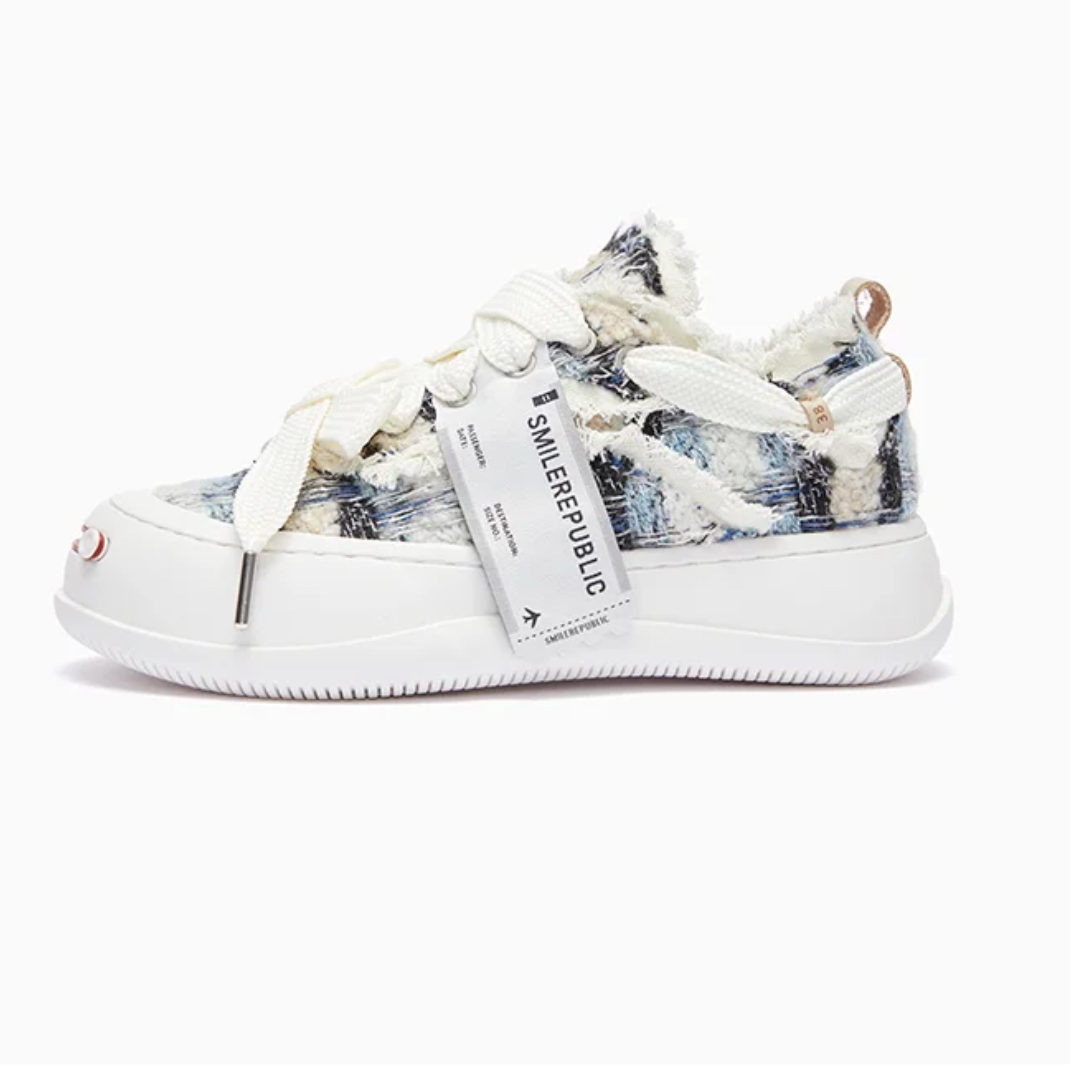 Smilerepublic Blue Black Woolen Low Top Platform Sneaker Canvas Shoes