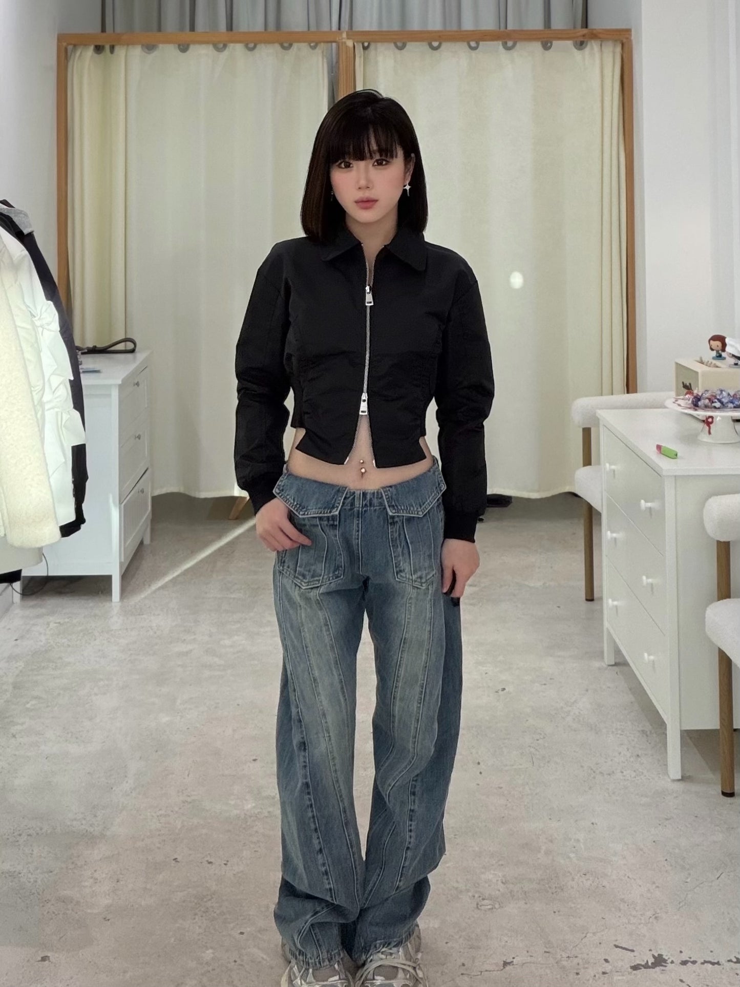 YJ1 COLLARED DOUBLE ZIP JACKET IN BLACK