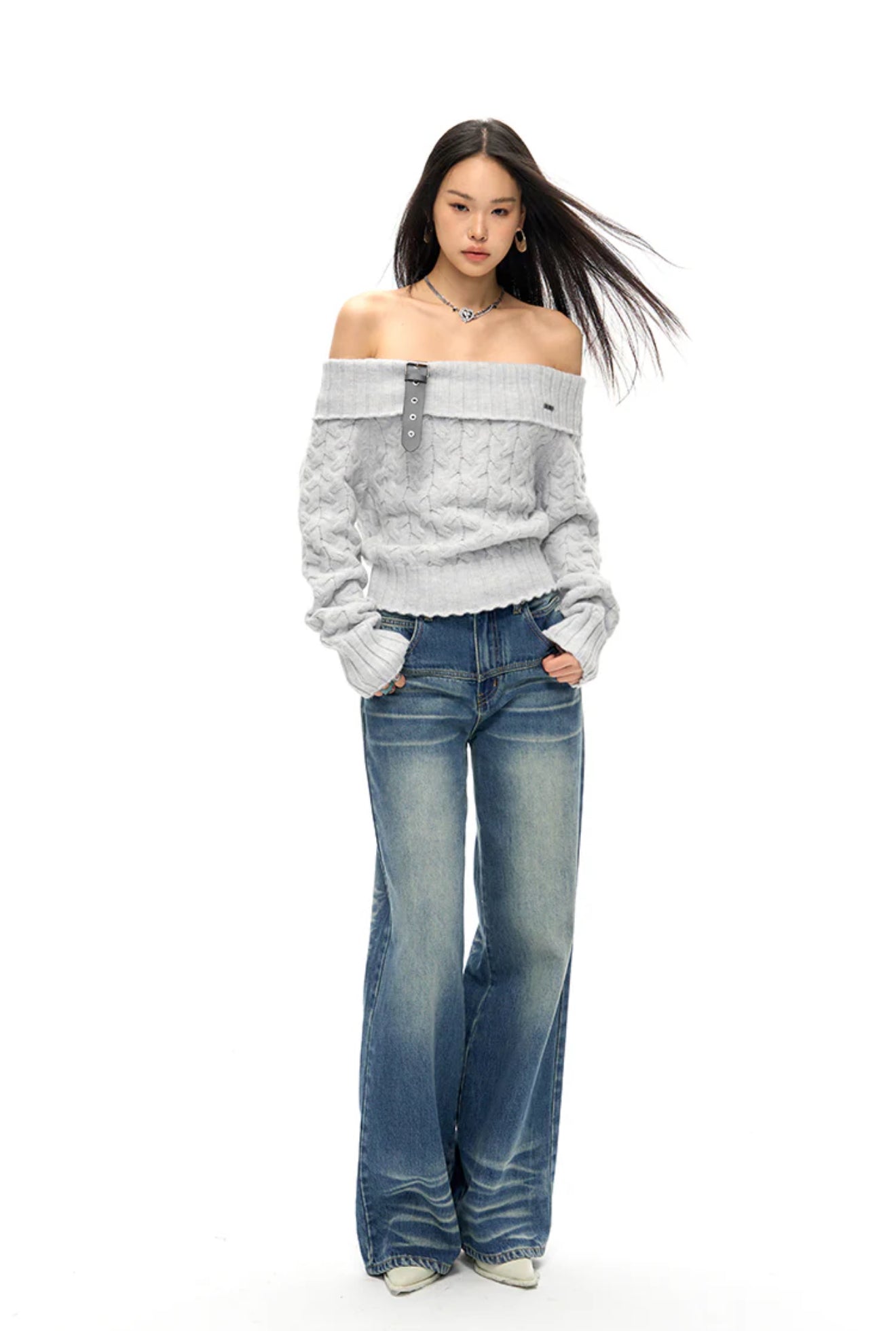 NAWS LOVE OF A SUDDEN OFF SHOULDER BELT SWEATER