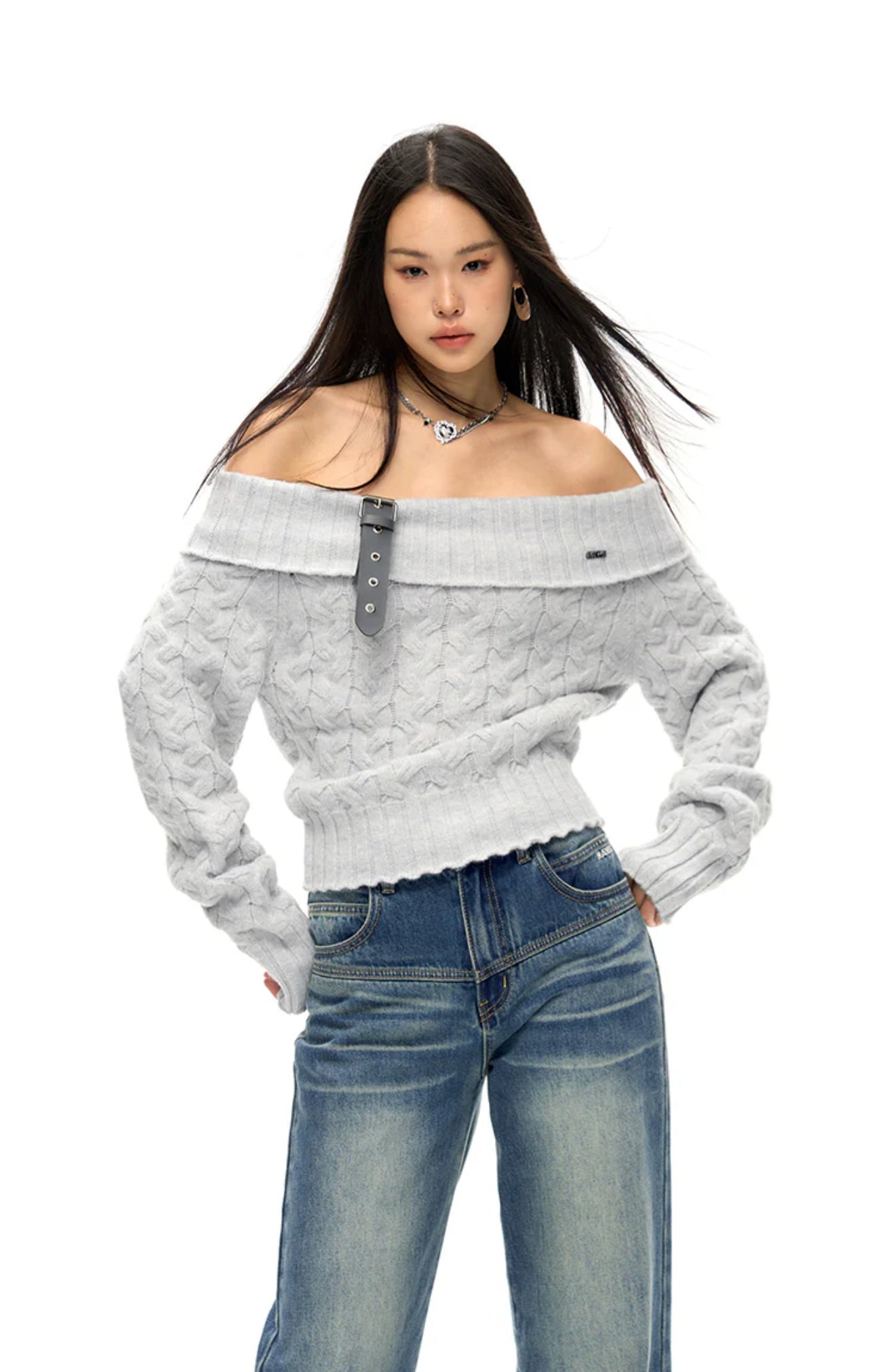 NAWS LOVE OF A SUDDEN OFF SHOULDER BELT SWEATER