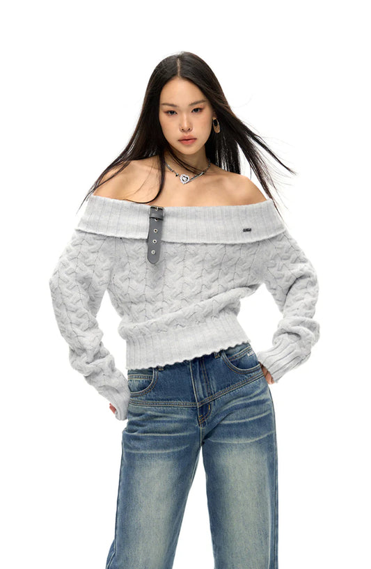 NAWS LOVE OF A SUDDEN OFF SHOULDER BELT SWEATER