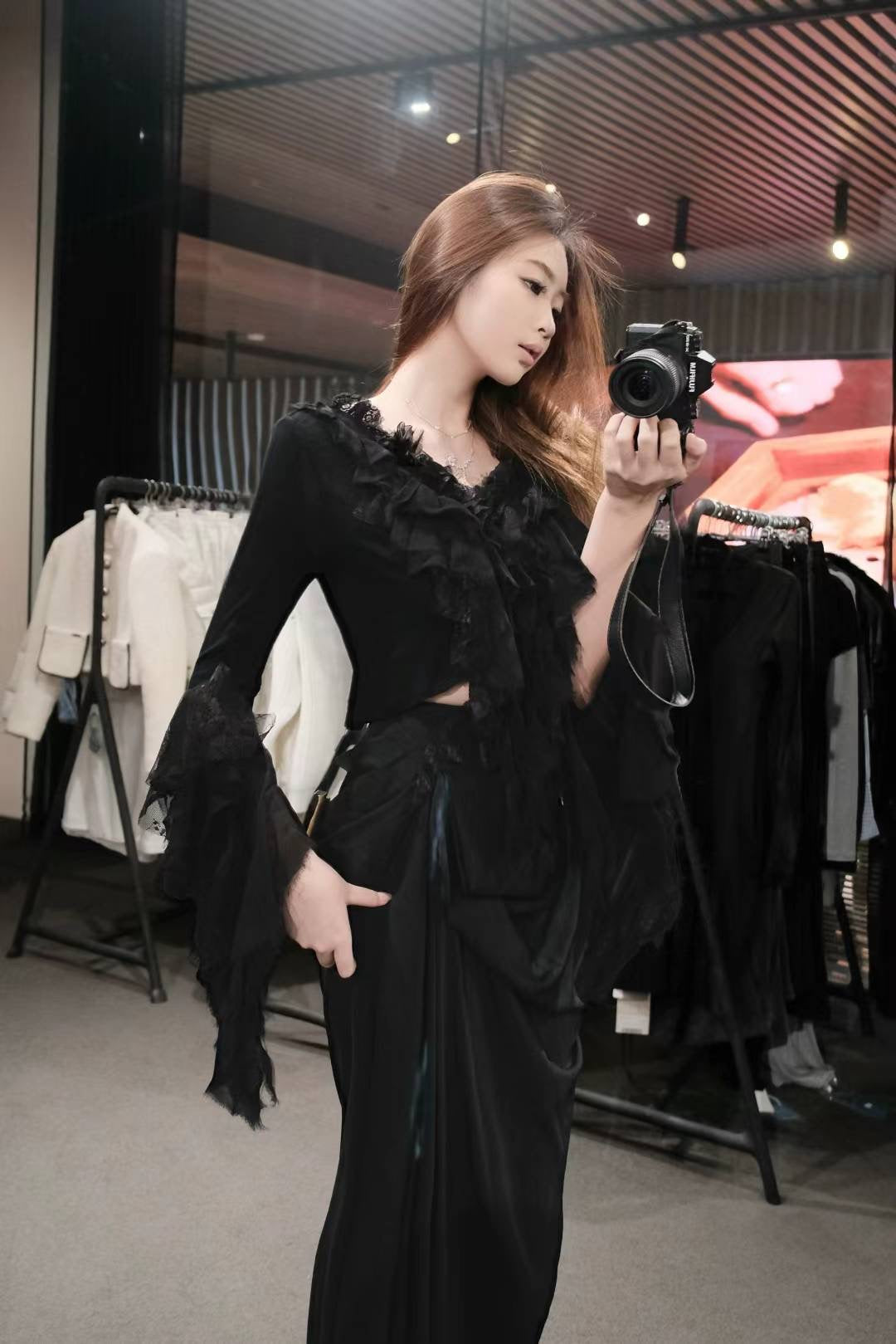 ELYWOOD BLACK WOOL LACE UP BLOUSE