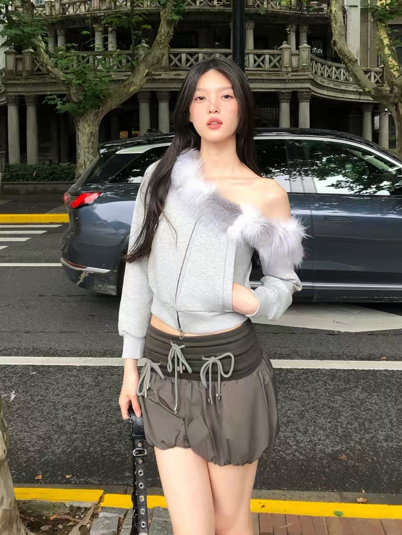 YJ1 ONE SHOULDER FAUX FUR CAPLESS JACKET IN GRAY