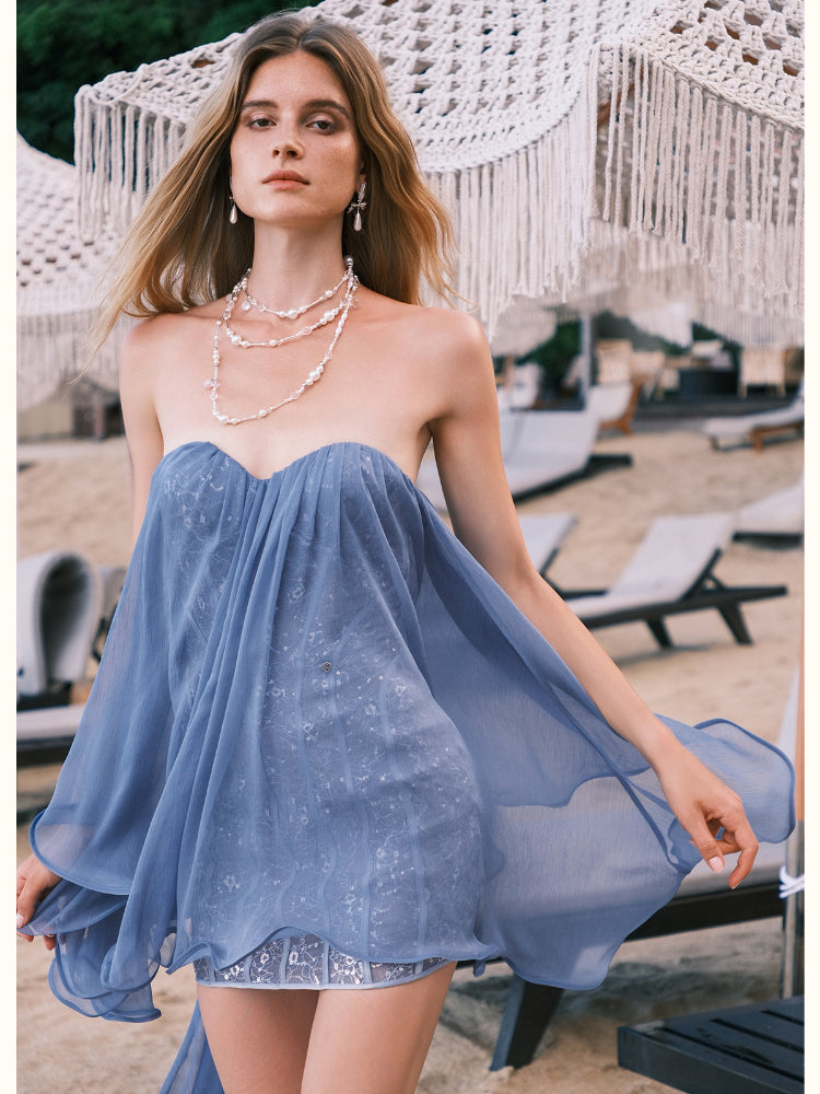 Sheer Luck Thiri Chiffon Tube Top Dress in Blue