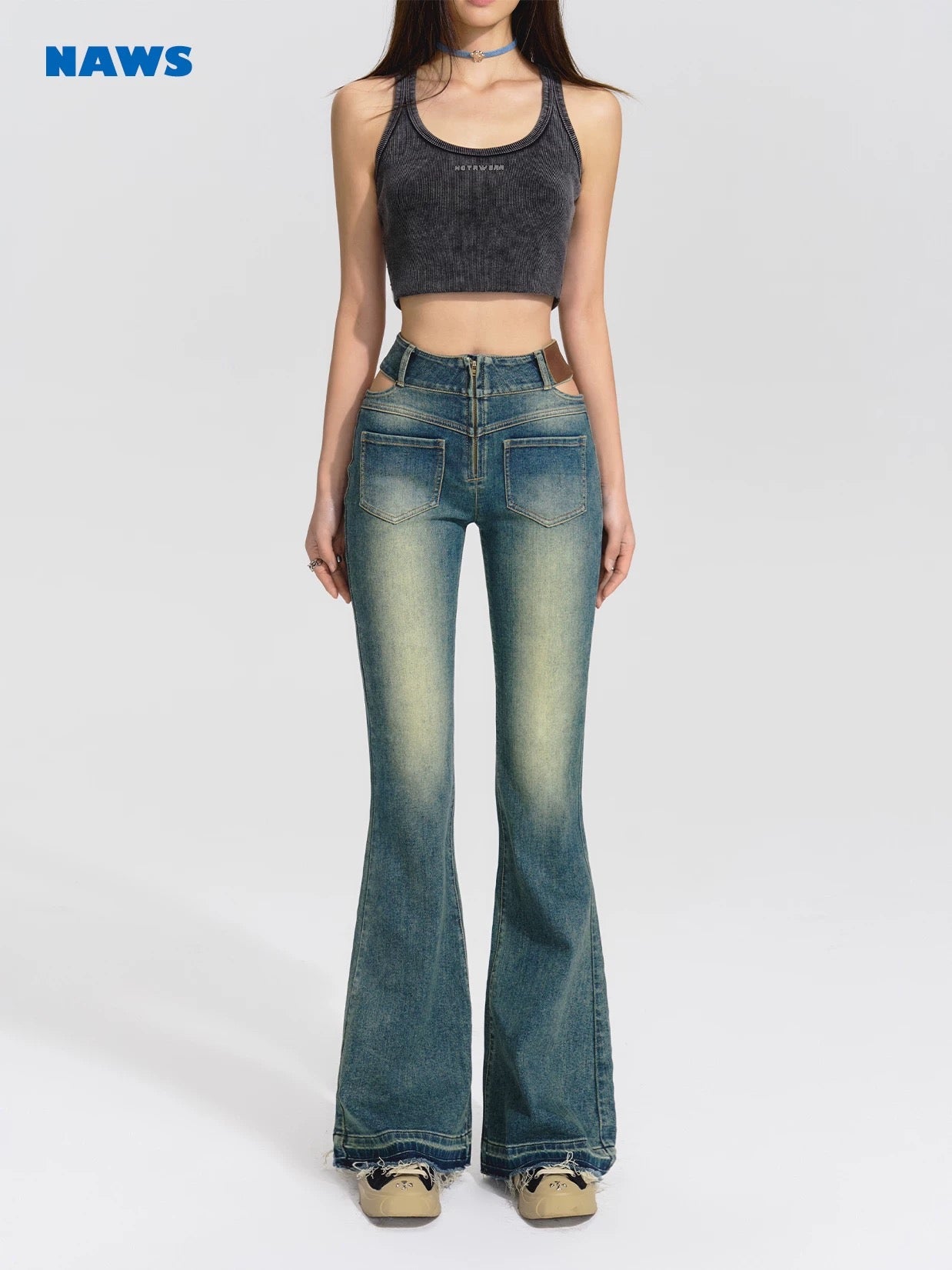 NAWS mud washed flare jeans with open waist
