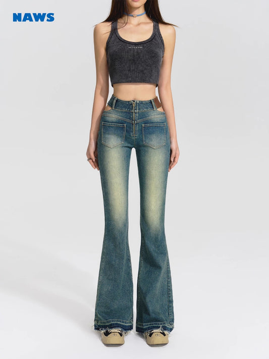 NAWS mud washed flare jeans with open waist
