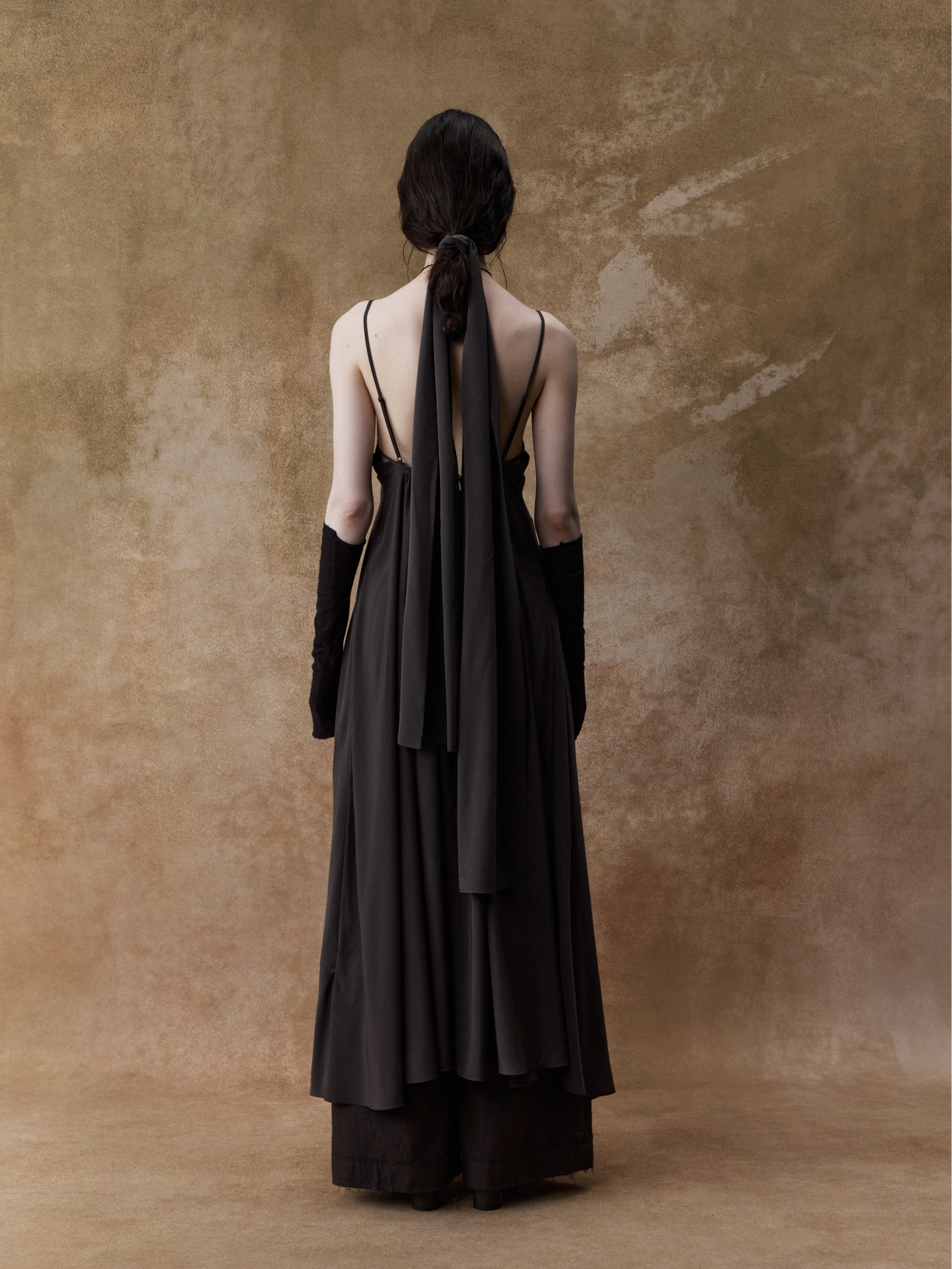 ELYWOOD CHOCOLATE DRAPED DOUBLE-LAYER STRAP DRESS