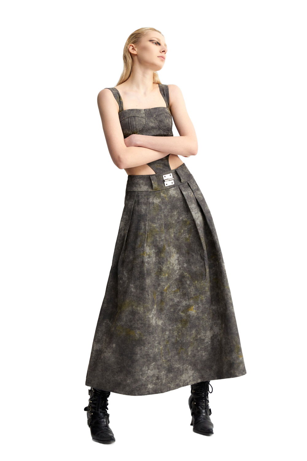 YJ1 DENIM ACID-WASH LONG SKIRT IN GRAY
