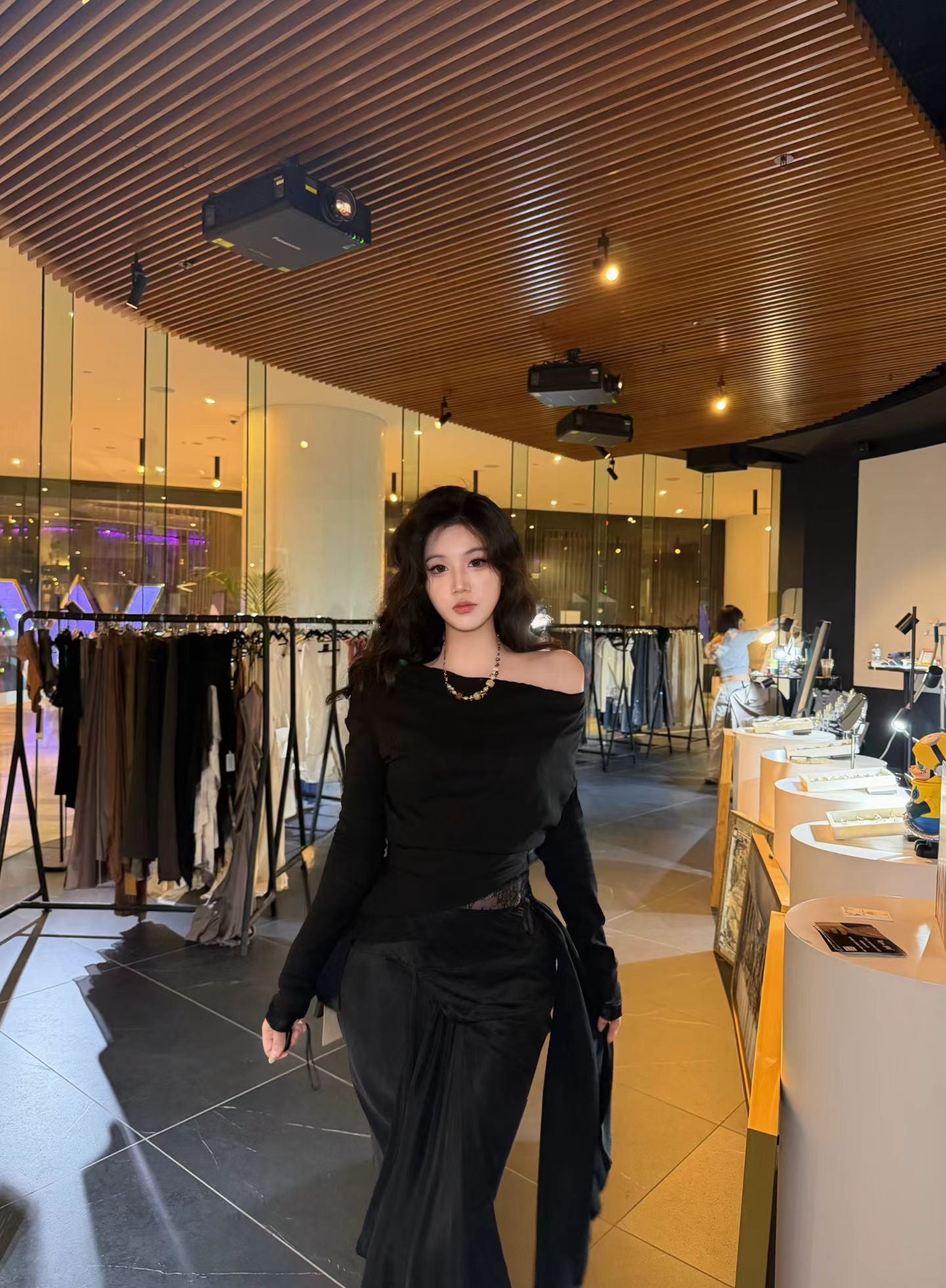 Elywood BLACK ASYMMETRIC SHEER OFF-SHOULDER TOP