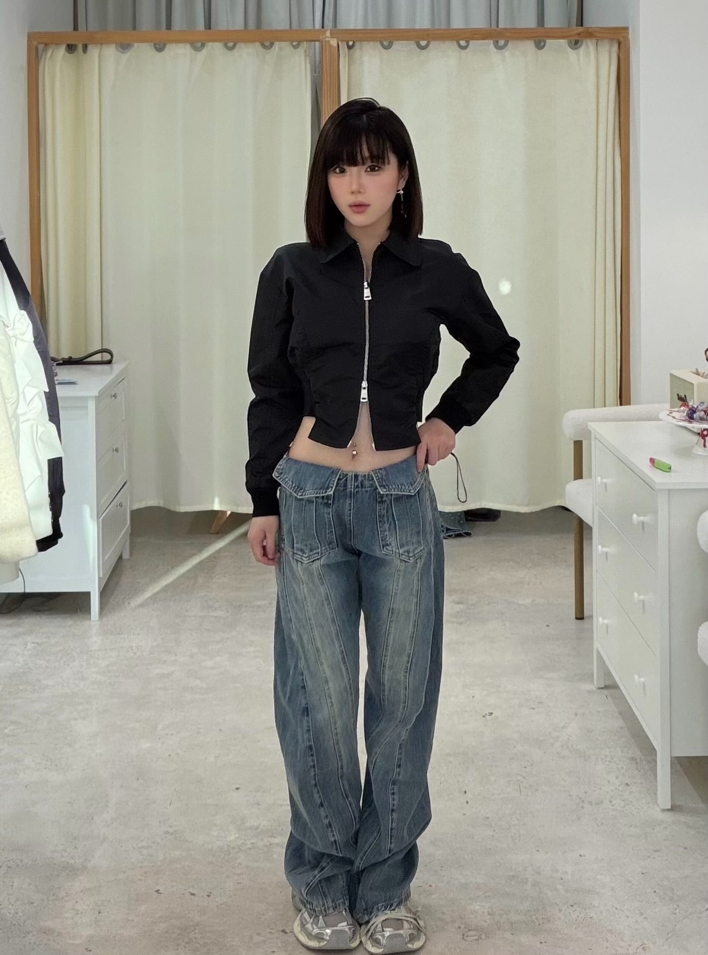 YJ1 COLLARED DOUBLE ZIP JACKET IN BLACK