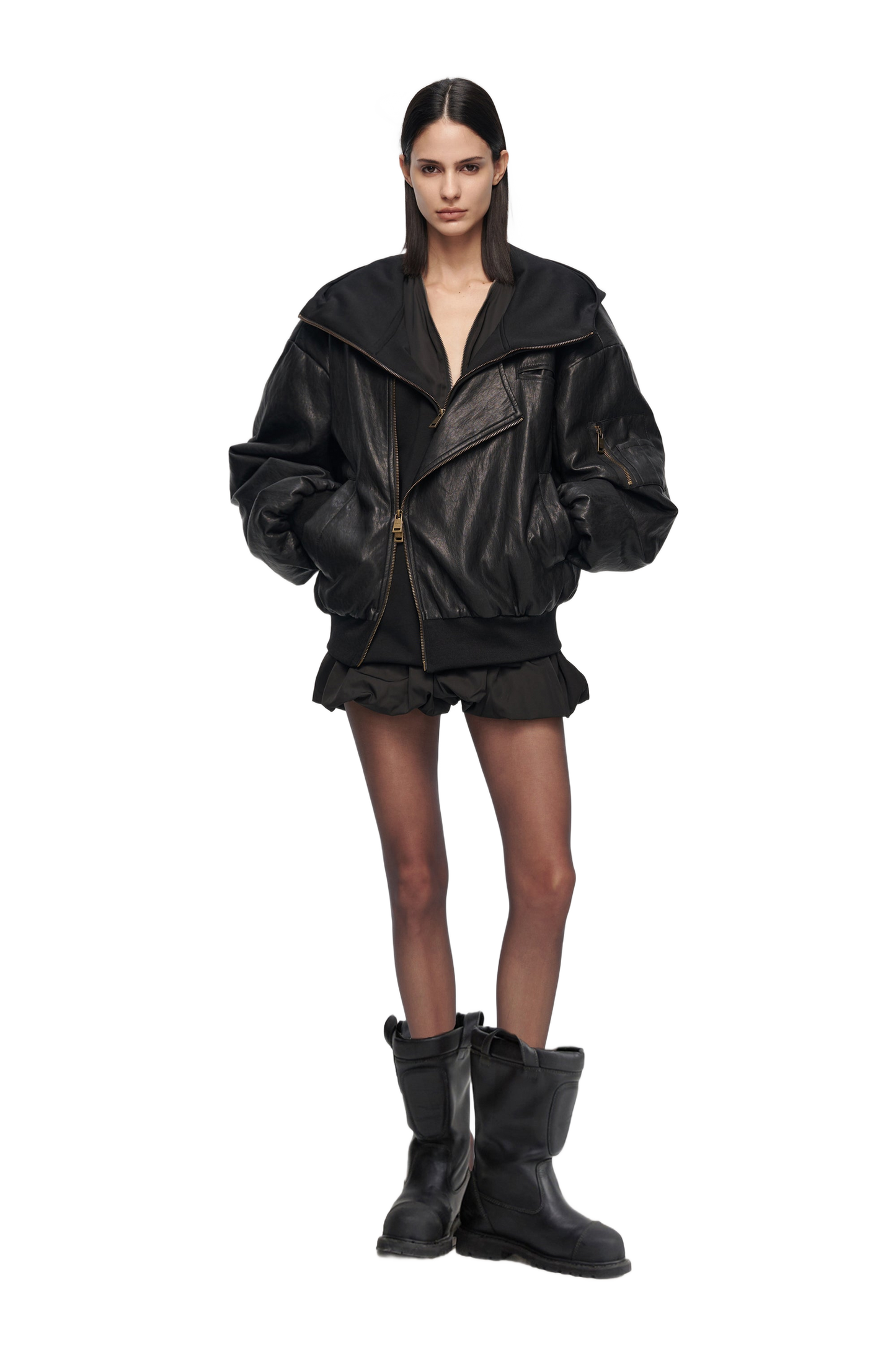 YJ1 OVERSIZED LEATHER BOMBER JACKET IN BLACK