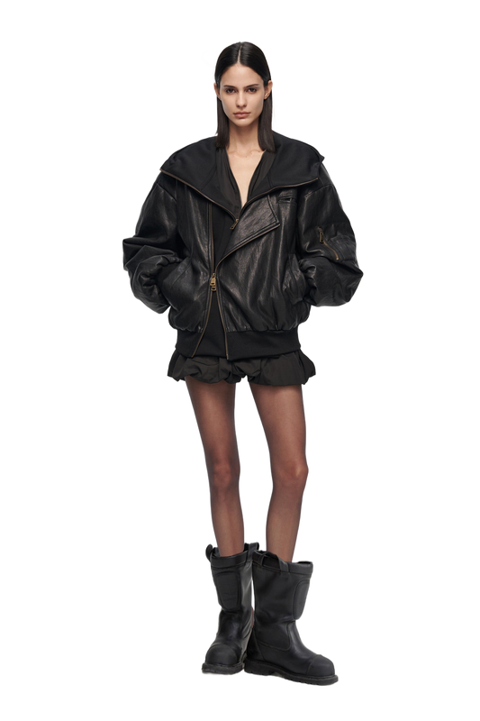 YJ1 OVERSIZED LEATHER BOMBER JACKET IN BLACK