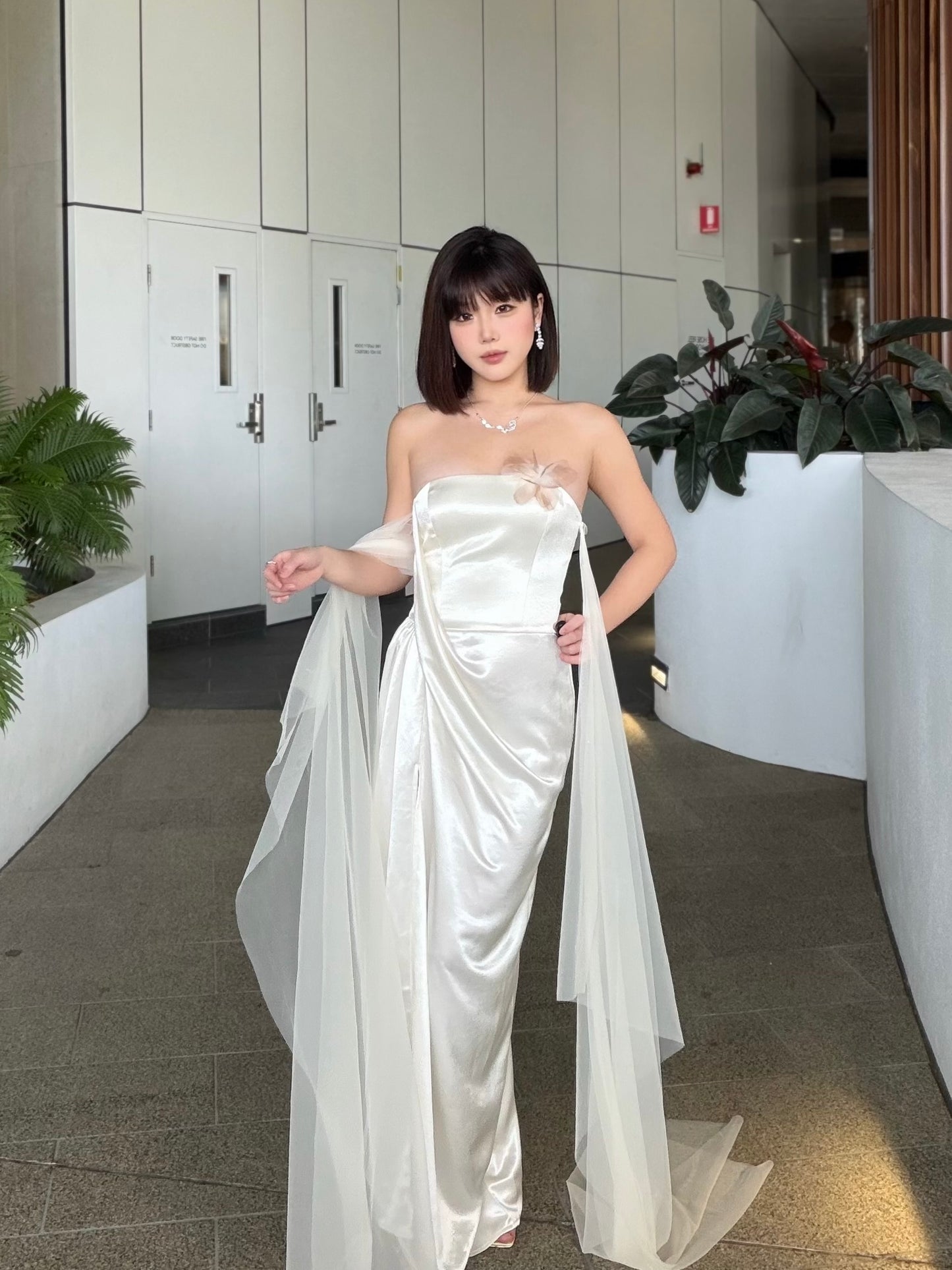 Crow Crew Satin Strapless Ribbon Maxi Dress