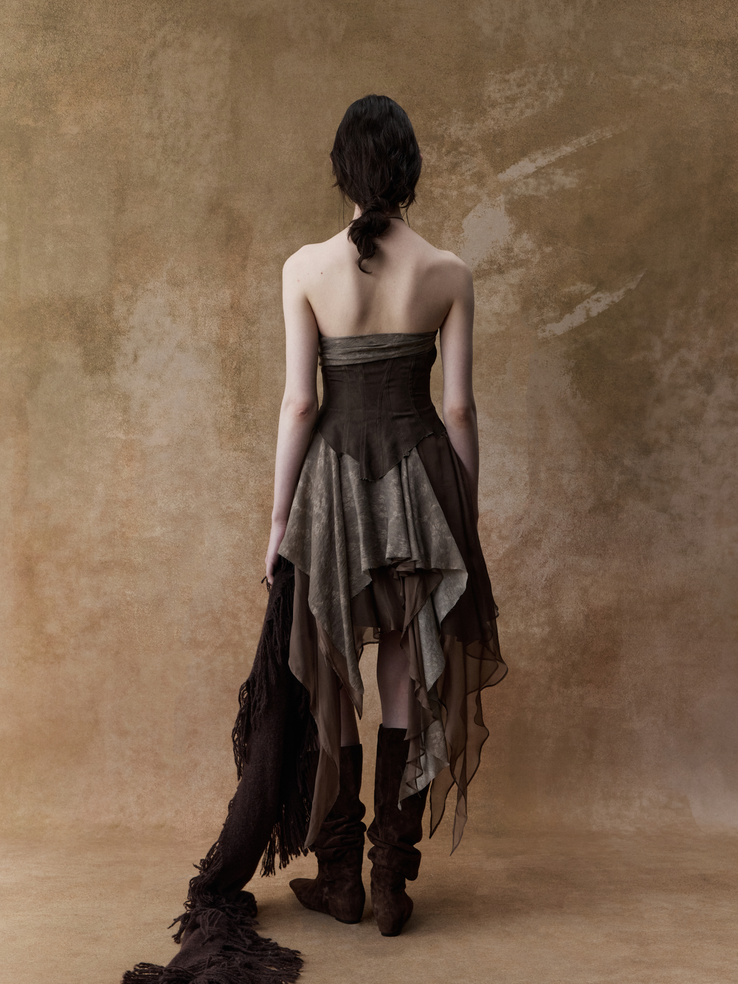 ELYWOOD DARK BROWN JACQUARD PLEATED TUBE DRESS