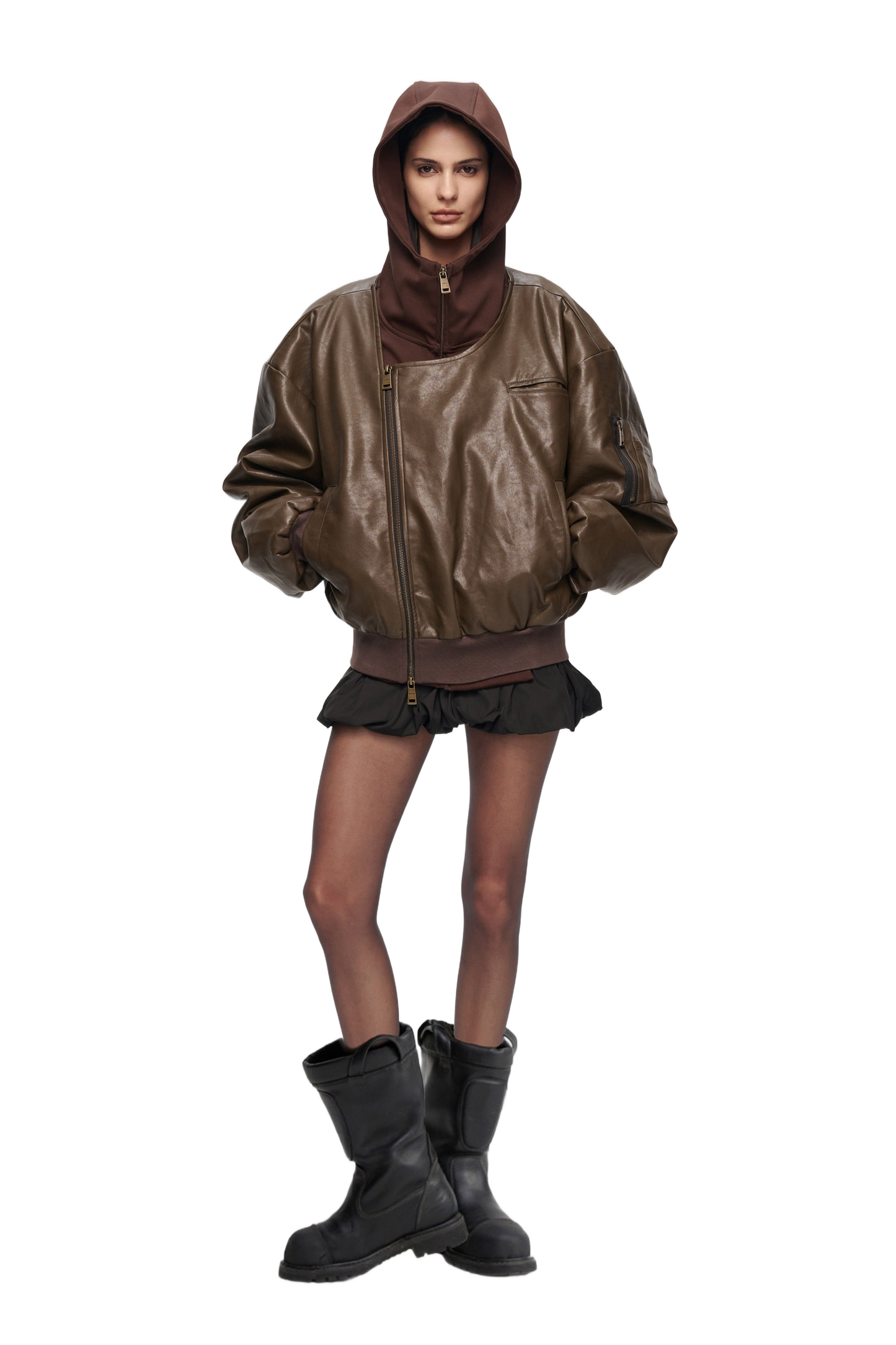 YJ1 OVERSIZED LEATHER BOMBER JACKET IN BROWN