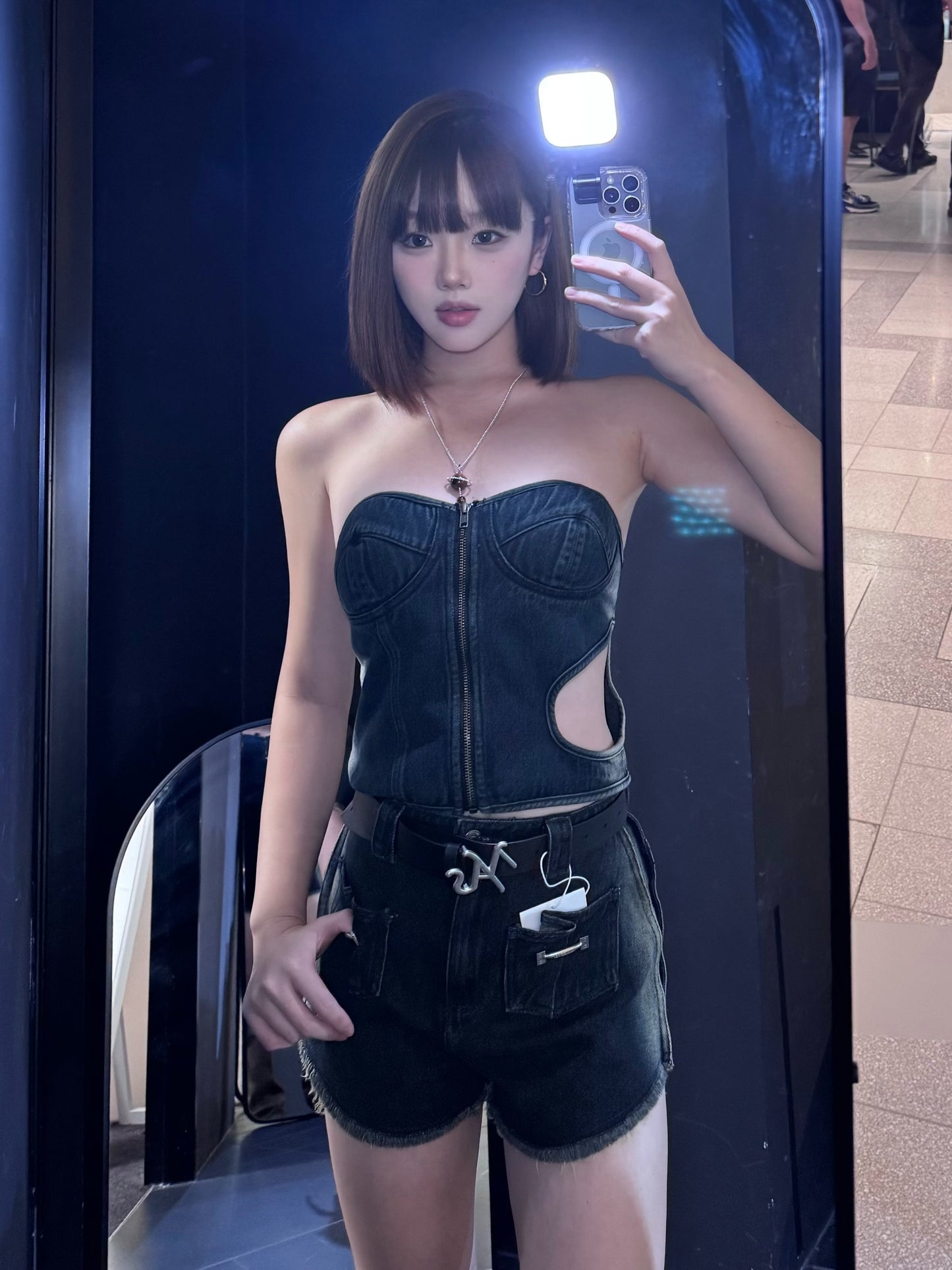 YJ1 CUT-OUT DENIM TUBE TOP