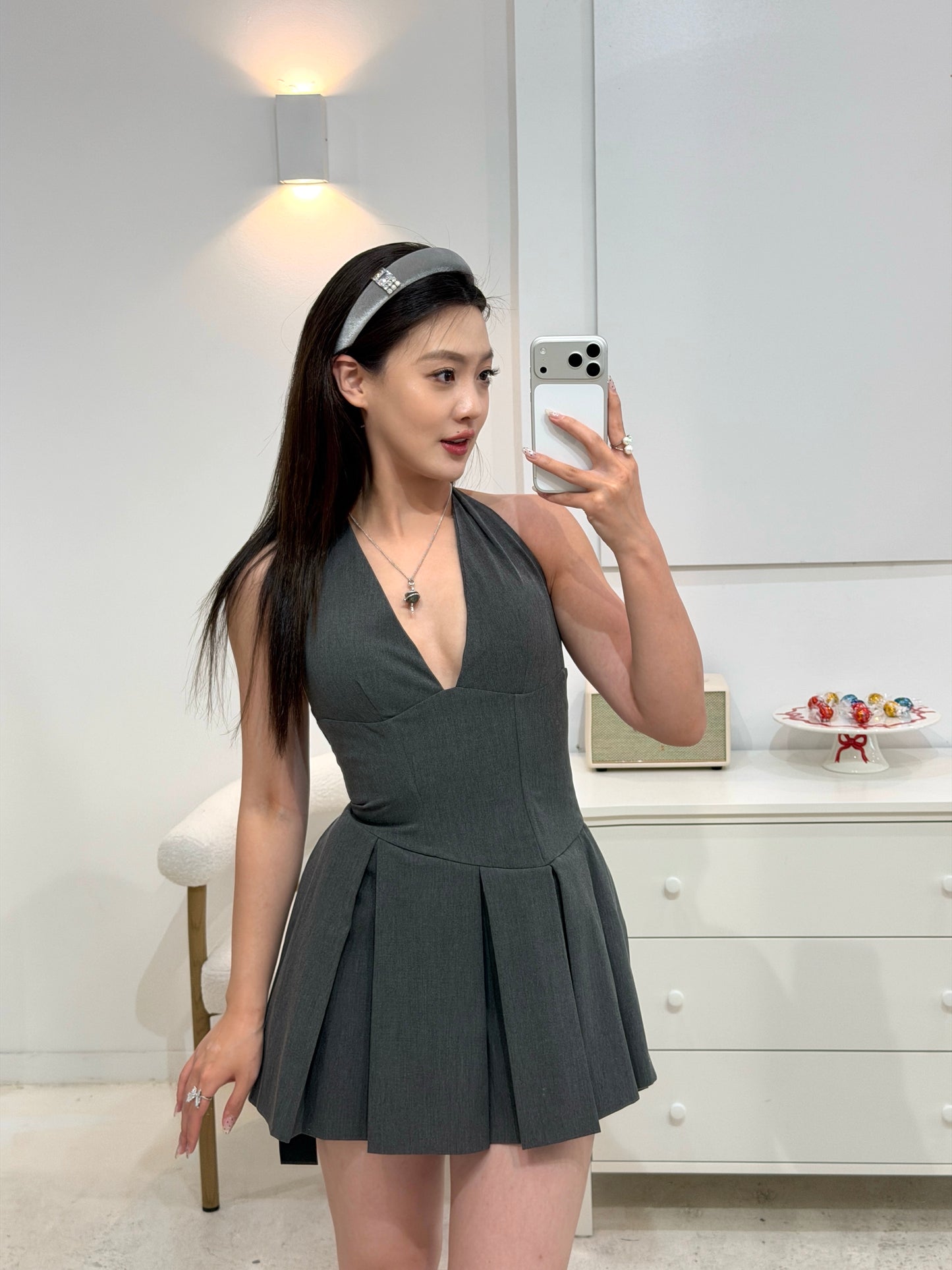 YJ1 GREY HALTER NECK LACE-UP MINI DRESS