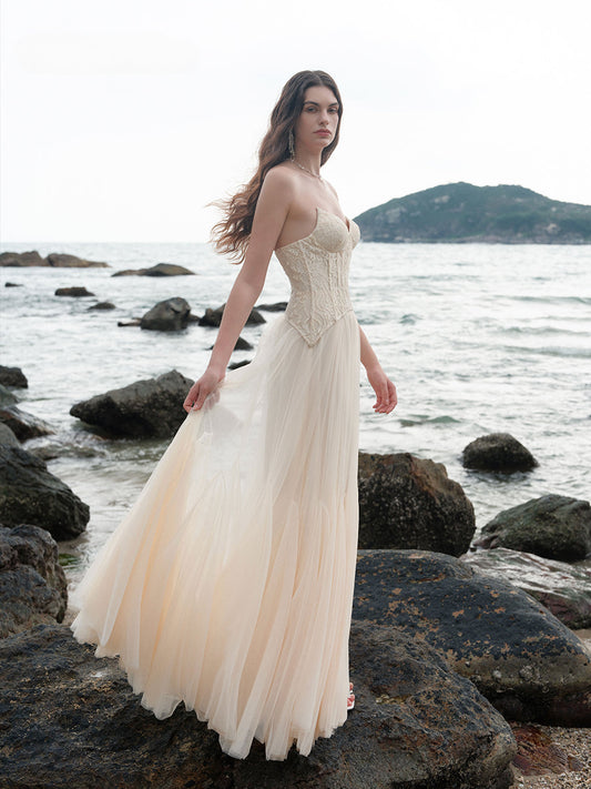 Sheer luck Heavy Lace Corset Mesh Maxi Dress-apricot