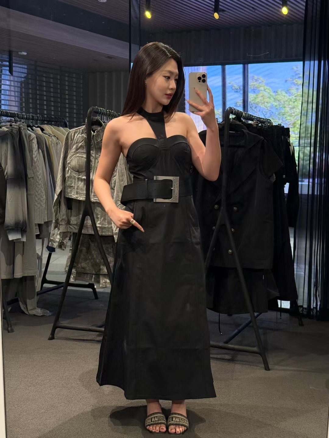 YJ1 NYLON HALTER MIDI DRESS